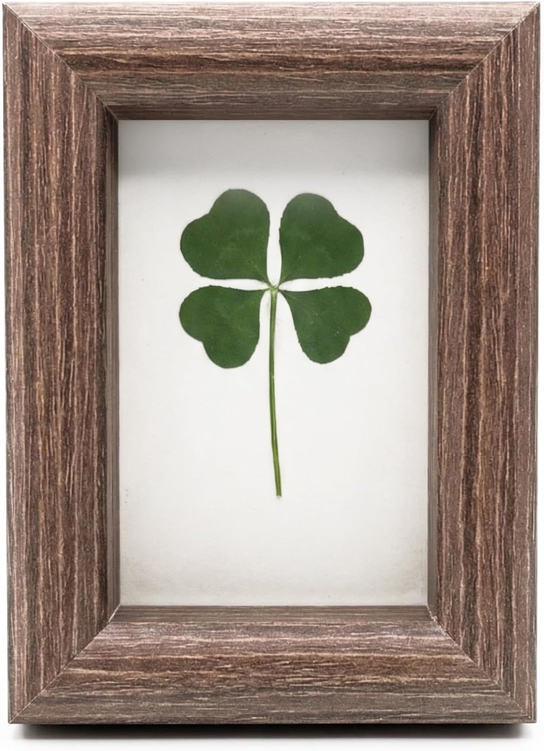 Real Four Leaf Clover Framed Gift - Unique Good Luck Gifts for Women & Men - Shamrock Irish Gifts, Handmade Preserved 4 Leaf Clover Tabletop Keepsake in Walnut Colored Frame - Made by Purple Goods (4” x 3”)