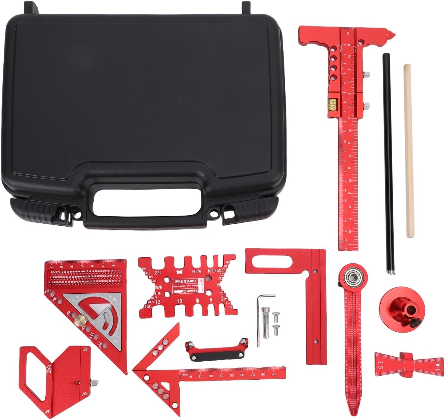 Generic Woodworking Measurement Tool Kit, 9 Pcs Aluminum Alloy Rulers with Storage Box for Wood Board Splicing Drawing Carving, Fast Accurate Layout Tools