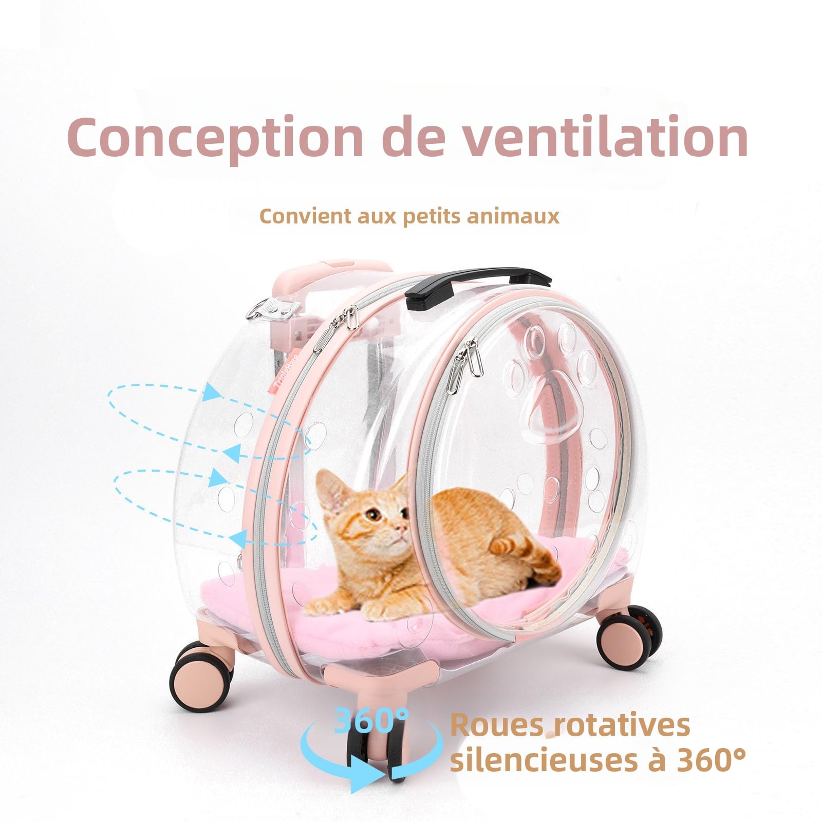 Mochila para gatos/perros con ruedas, transparente y transpirable, 3 en 1, maleta para gato/perro, carga máxima 8 kg, múltiples opciones de transporte, ideal para viajes/paseos/veto (rosa)