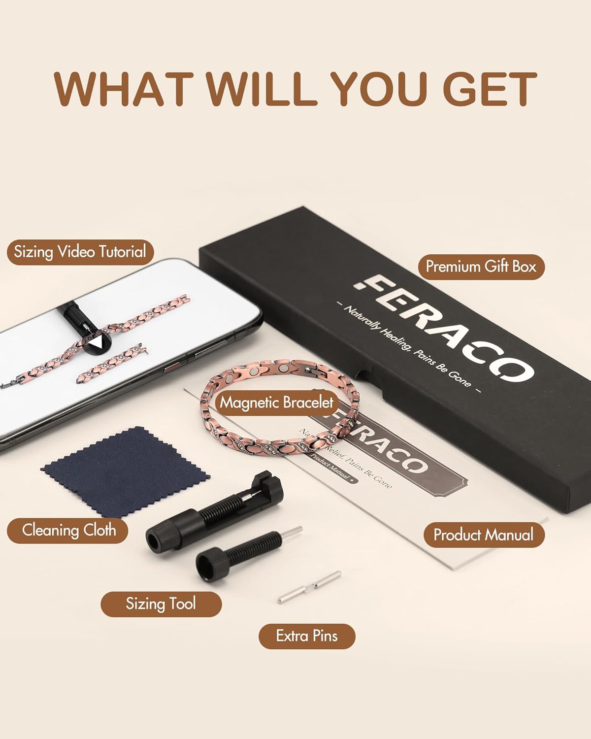 Feraco Copper Bracelets for Women, 99.99% Pure Copper Magnetic Bracelets with Effective Neodymium Magnets, Adjustable Jewelry Gift with Sizing Tool - Image 7