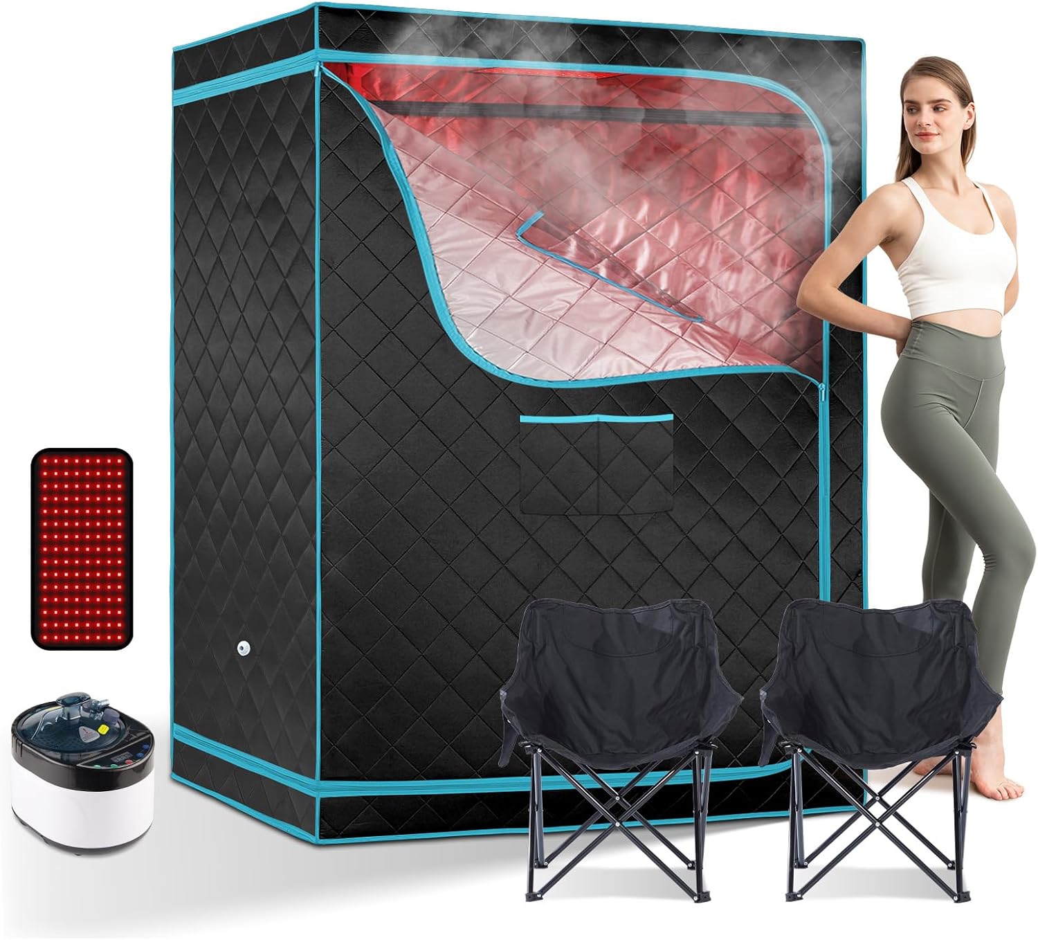 ZONEMEL 2-Person Large Steam Sauna with Remote Control, 4L Steamer, Red Light Therapy Panel & 2 Chairs, Portable Home Spa (47.2" x 35.4" x 63")