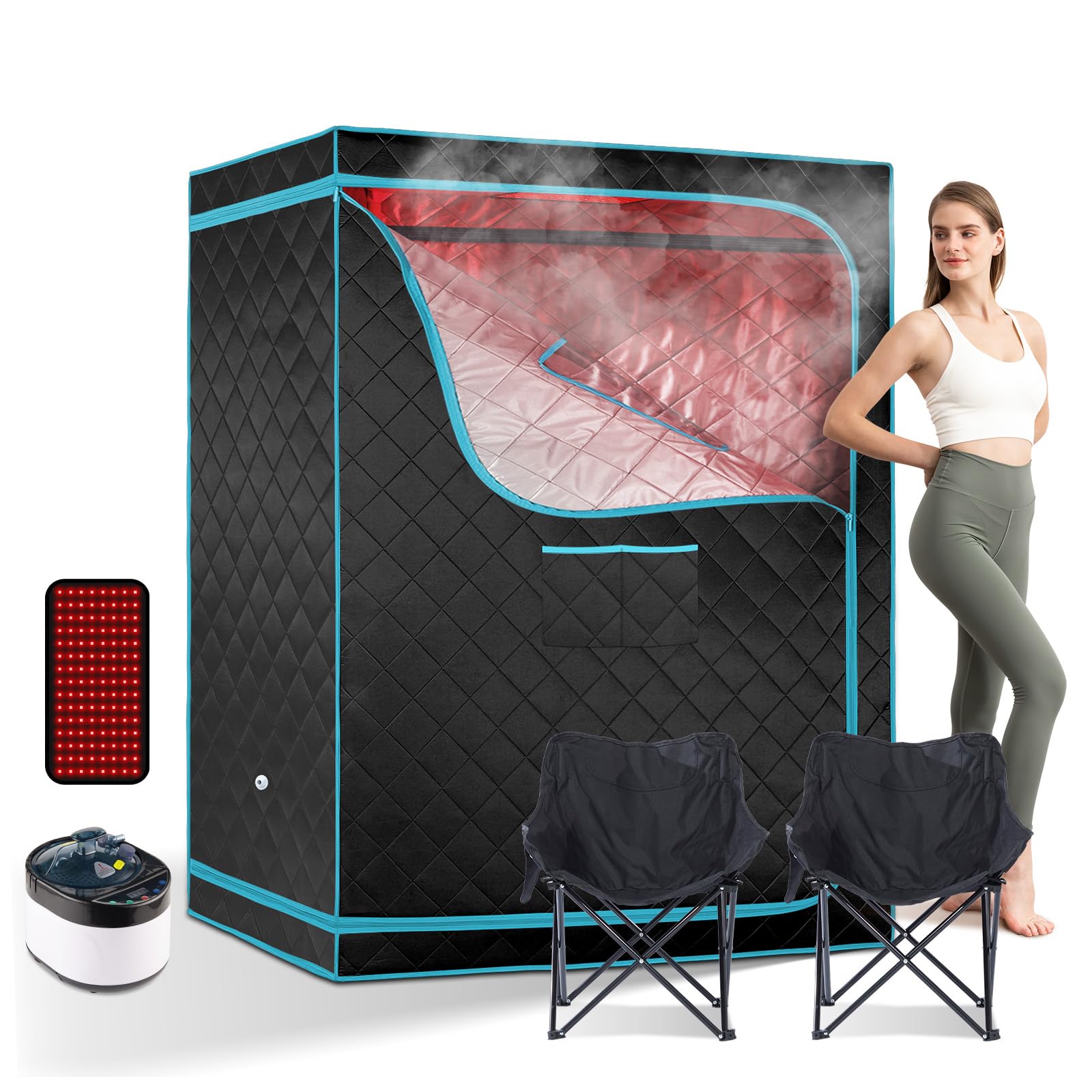 Sauna de vapor para 2 personas ZONEMEL de 4L con sillas y panel led roja
