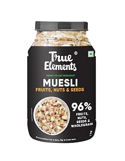 True Elements Muesli Fruit and Nuts 1kg - With Real Fruits & Almonds | Pure Wholegrain Muesli with Oats, Almonds | Real Freeze-dried fruits, Not Candied | Breakfast Cereal | High Fibre & Nutrient-Rich blend