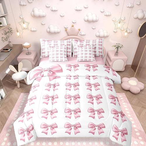 Girls Pink Bow Bedding Set Girly Cute Bowknot 7 Pieces Bed I