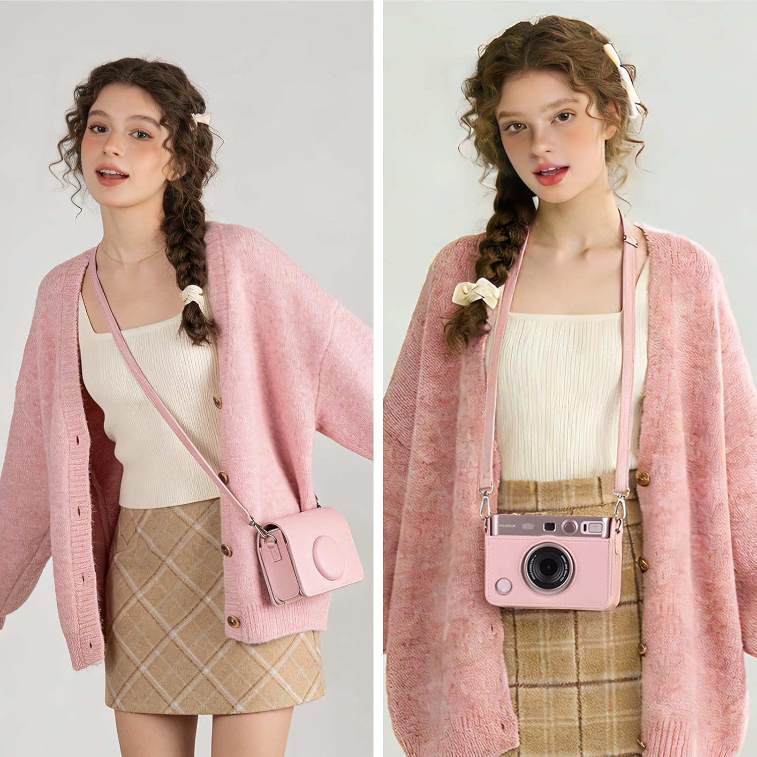 MUZIRI KINOKOO Protective Case for Instax Mini EVO Instant Camera-Lychee Texture Premium PU Leather Fuji Mini EVO Camera Case with Adjustable Shoulder Strap & Precise Open Hole for Charging-Light pink