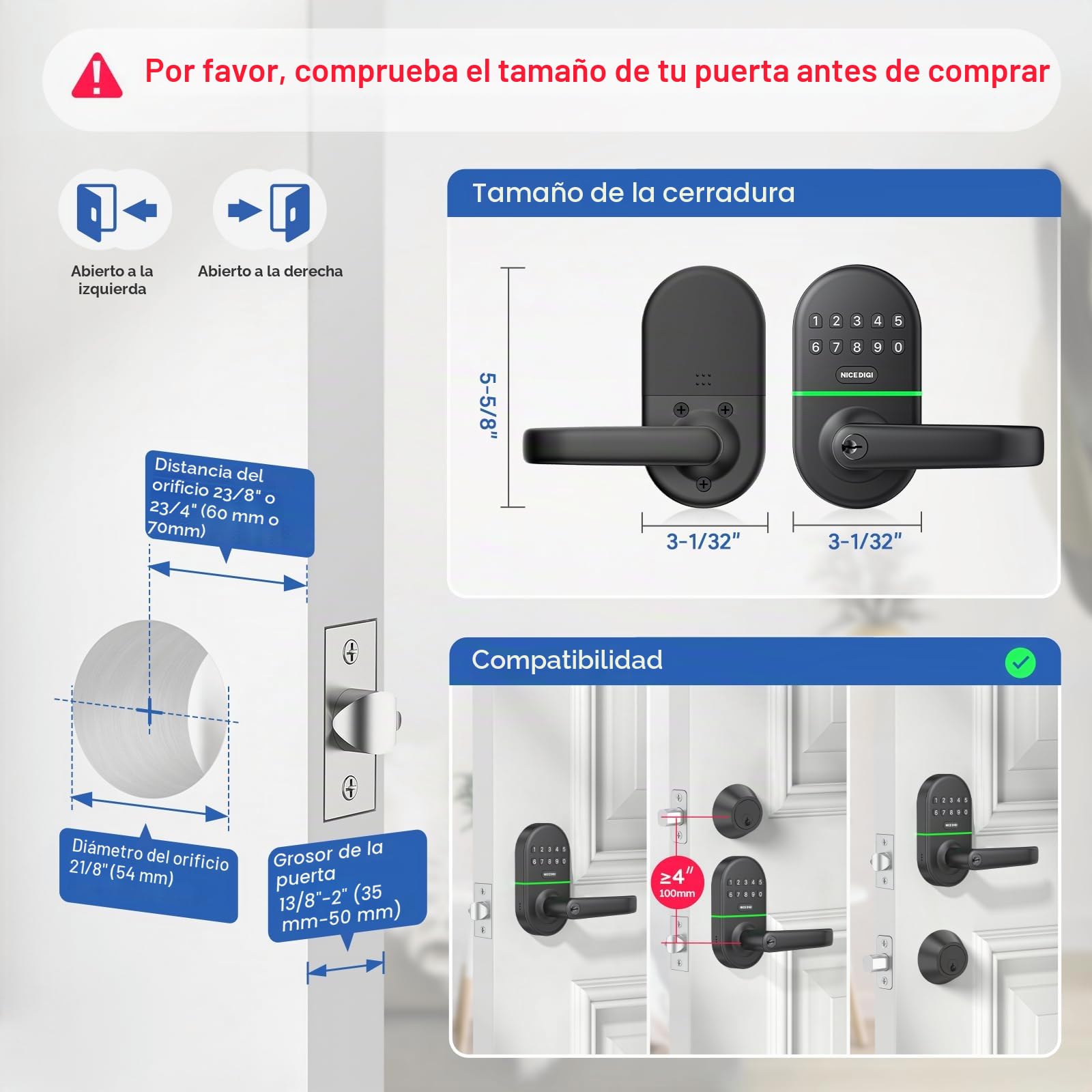 Cerradura de puerta NICE DIGI con teclado inteligente y asa: entrada sin llave, perilla de código electrónico, fácil instalación