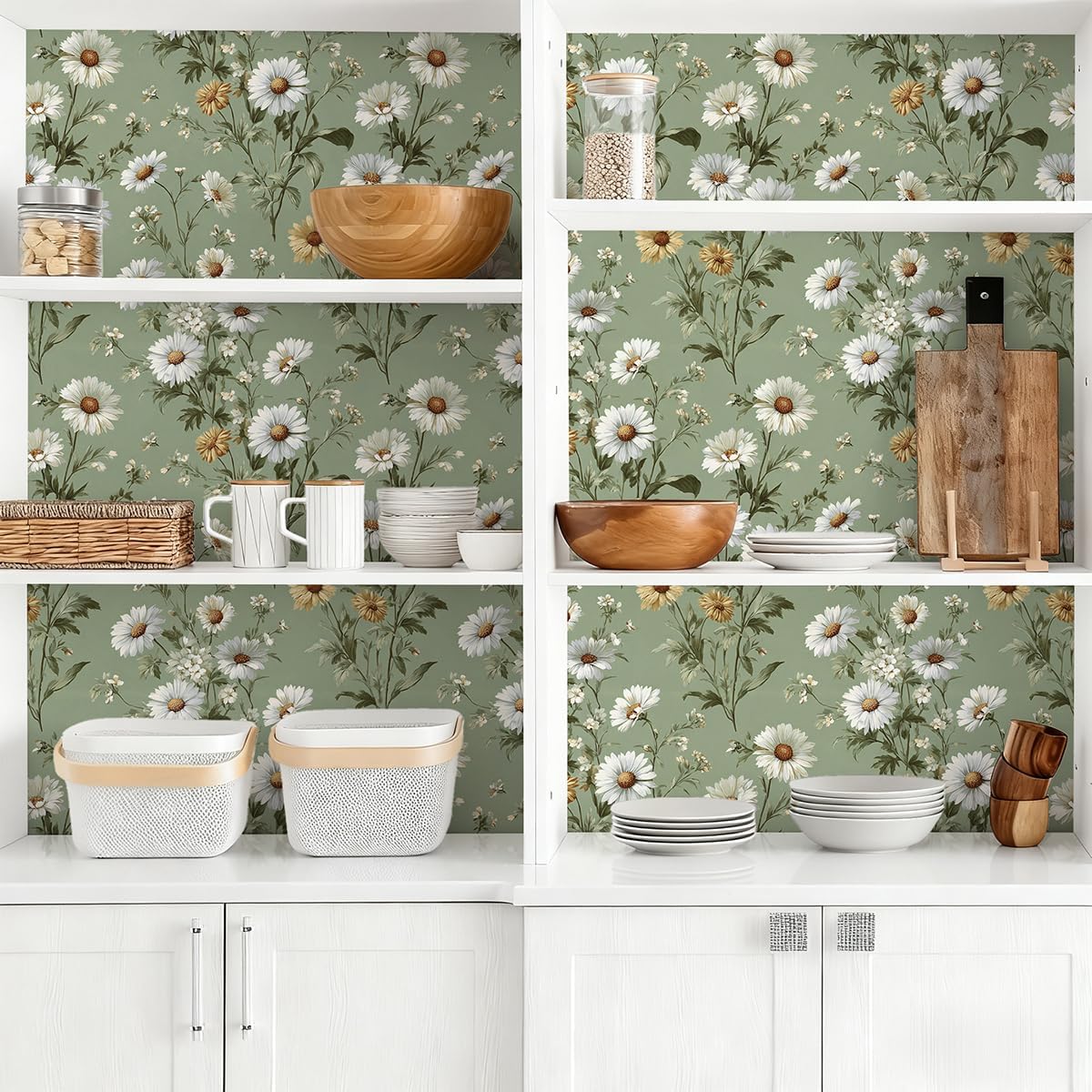 Livebor Floral Peel and Stick Wallpaper Daisy Floral Contact Paper 16.9in x118.1in Green Flower Wallpaper Peel and Stick Modern Flower Self Adhesive Removable Wall Paper for Bedroom Decorative Vinyl
