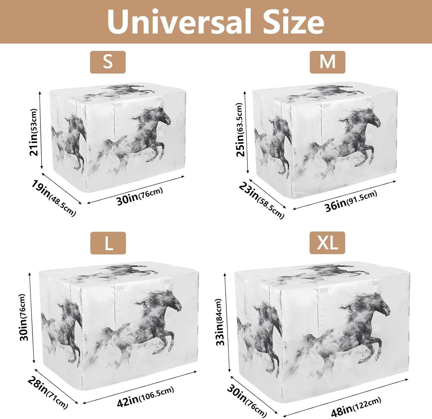 Wild Horse Black White Dog Crate Covers S-XL UV-Resistant Pet Crate Cover with Roll-up Sides, Reduces Barking, X-Large