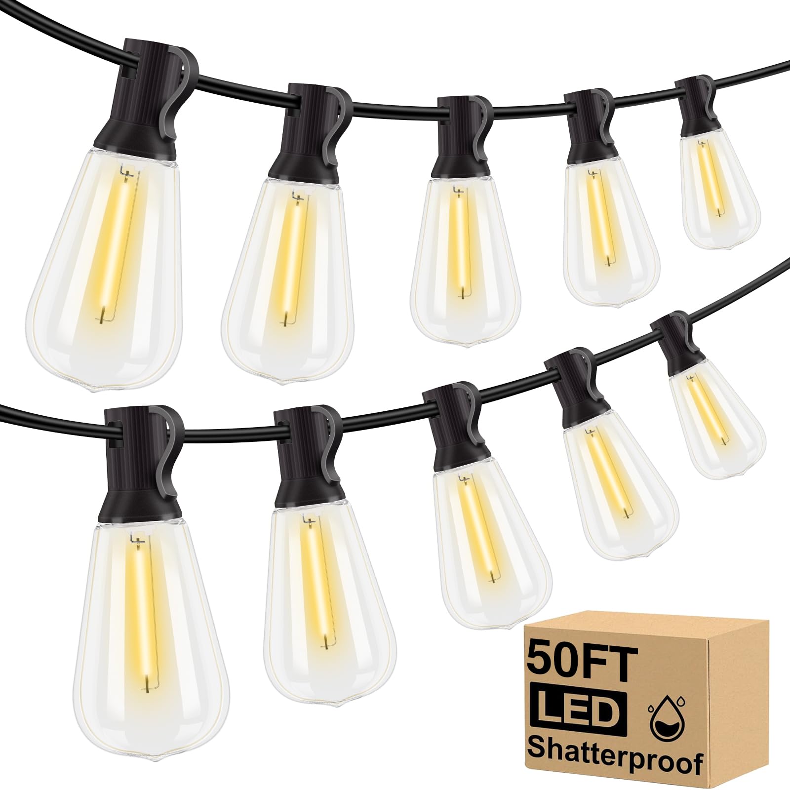 50FT LED Outdoor String Lights - Patio Lights with 27 Shatterproof ST38 Vintage Edison Bulbs (2 Spare Bulbs),25 Hanging Sockets,Outside Waterproof String Lights for Garden Backyard Porch Deck
