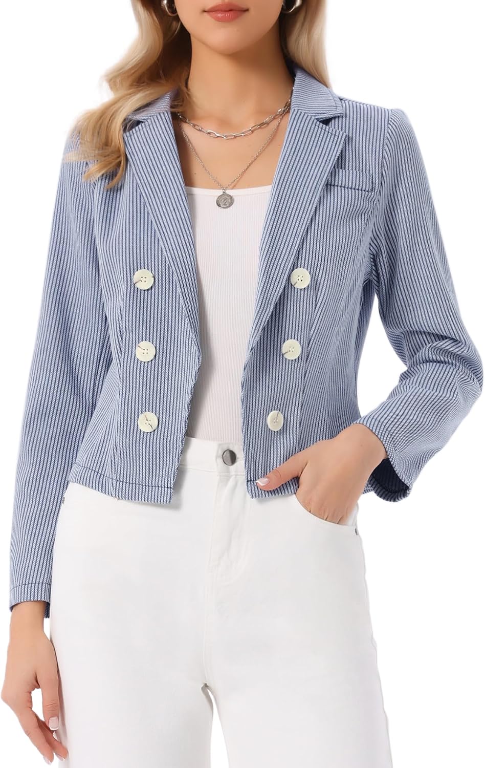 Allegra K Fitted Blazer for Women's Casual Dressy Notch Lapel Open Front Crop Striped Office Suit Jackets
