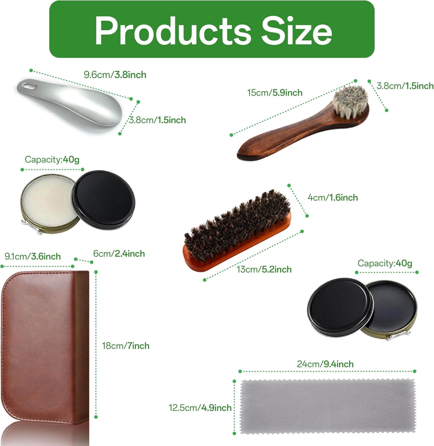 Premium Shoe care kit with medium Horsehair Brush, round Brush, black & white Shoe Polish, Polishing Cloth, Shoe Horn & Elegant storage Box - Very Suitable for home Travelers