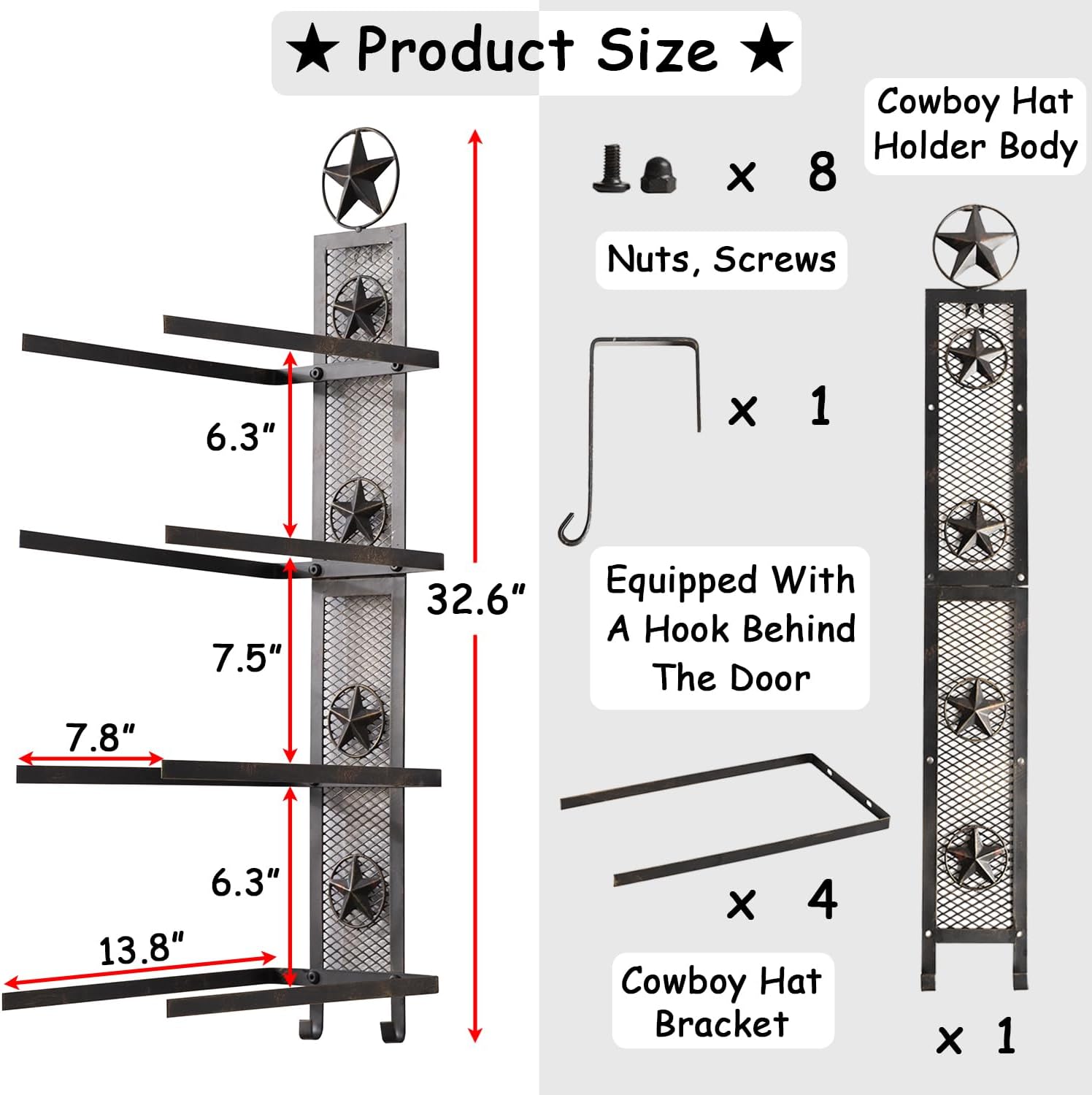 Cowboy Hat Rack for Wall, Metal Star Cowboy Hat Holder for 4 Hats, Vertical Western Hat Rack Wall Mount, Rustic Wall Hanging Decorative Hat Hanger with Hook