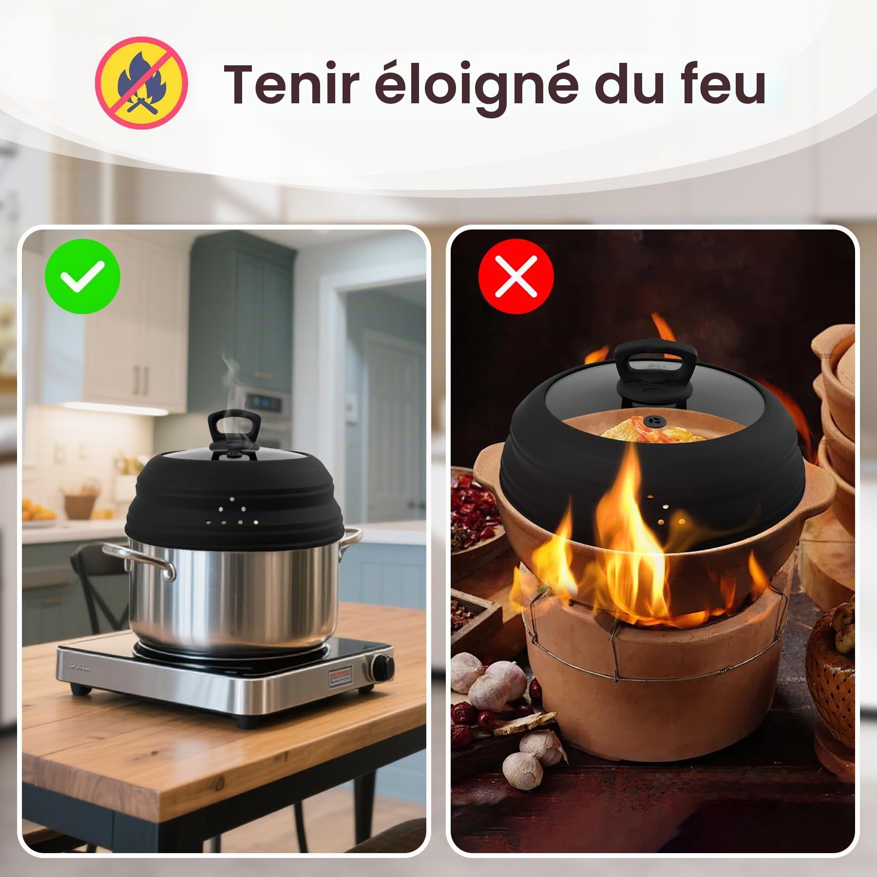 Couvercle anti-éclaboussures pour micro-ondes en verre de 26,7 cm avec poignée, couvercle pliable en silicone pour micro-ondes avec aération de vapeur pour assiette, casserole, bol (noir)