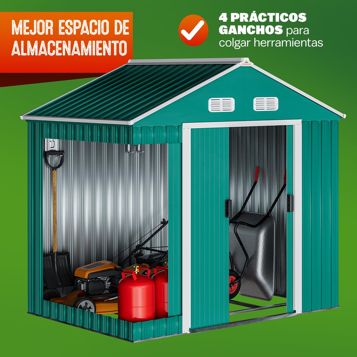 GARDEBRUK® Cobertizo de Jardín Exterior con Base 2m² Caseta Acero Galvanizado 200x135x190cm XL Puerta Corredera Techo Dos Aguas Ventilación Resistente Intemperie Almacenamiento Orden 4 Ganchos Verde