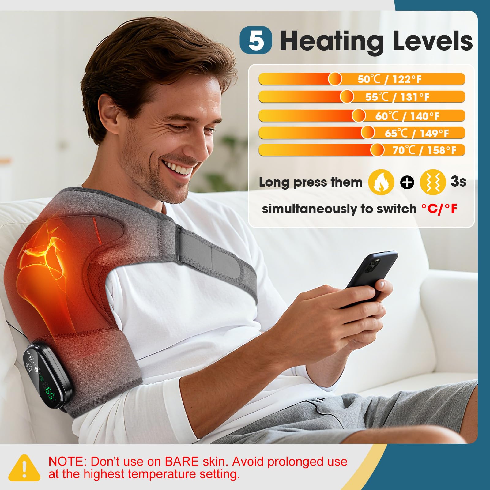 Kabellose Beheizte Schultermassageauflage, Tragbare Schulter-Heizbandage Mit Touchscreen-Steuerung, 5 Heizstufen, 5 Vibrationsmodi, Timer, 5000mAh Batterie Und 4 Motoren, Auf Linke/Rechte Schulter