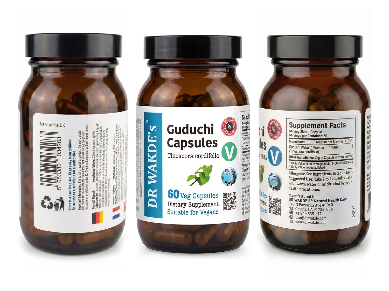 DR WAKDE'S Guduchi Kapseln – Giloy (Tinospora cordifolia) 500 mg | 60 Vegane Kapseln | Immunsystem & Wohlbefinden | 100% Reines Ayurvedisches Kräuterpulver | Ohne Zusatzstoffe | Vegan & Vegetarisch