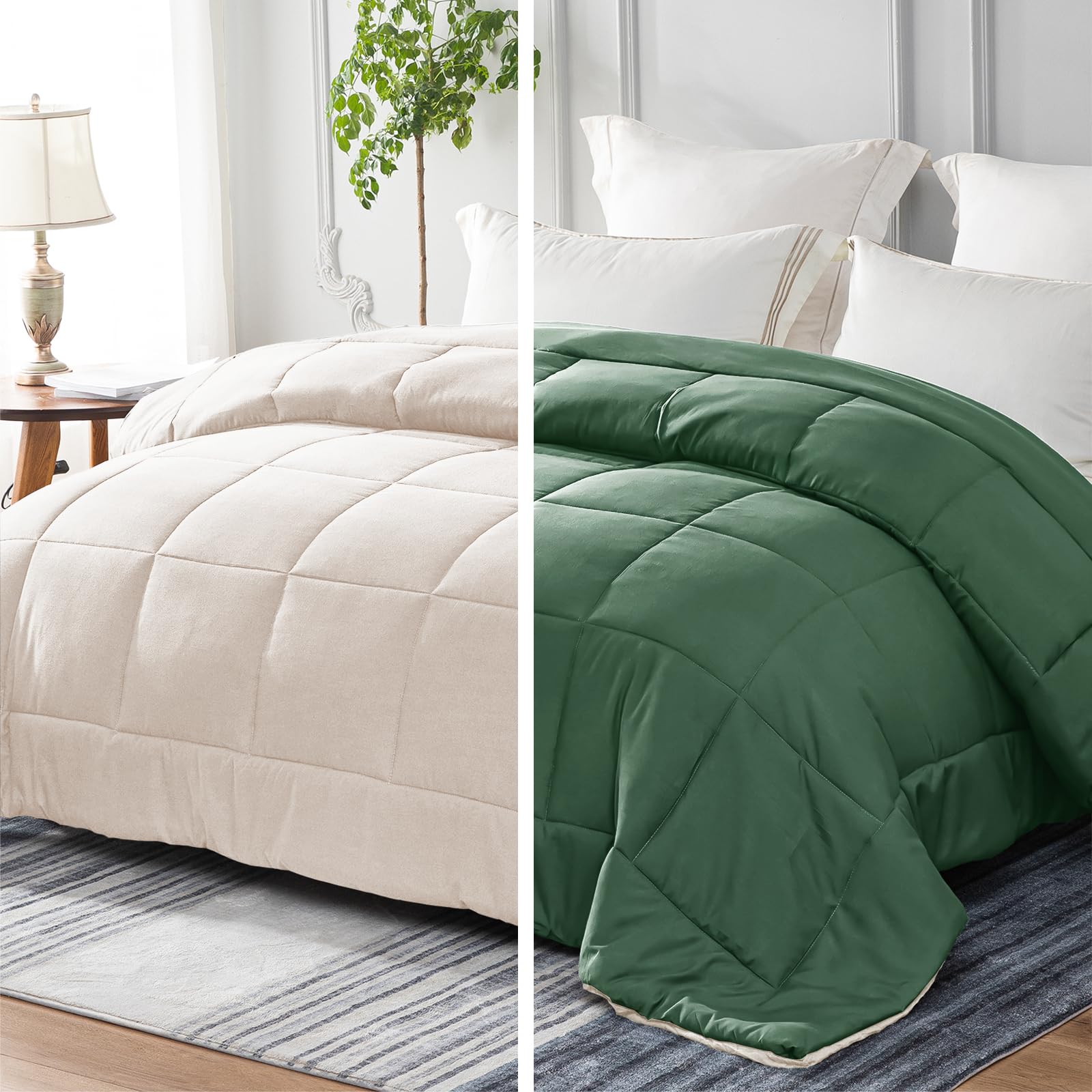 Whale Flotilla Reversible Duvet King Size for All Seasons, 7.5 Tog Down Alternative Box Sitiched Comforter, Lightweight and Machine Washable Bedding Set, 220X240 cm, Sage Green,Brich Beige