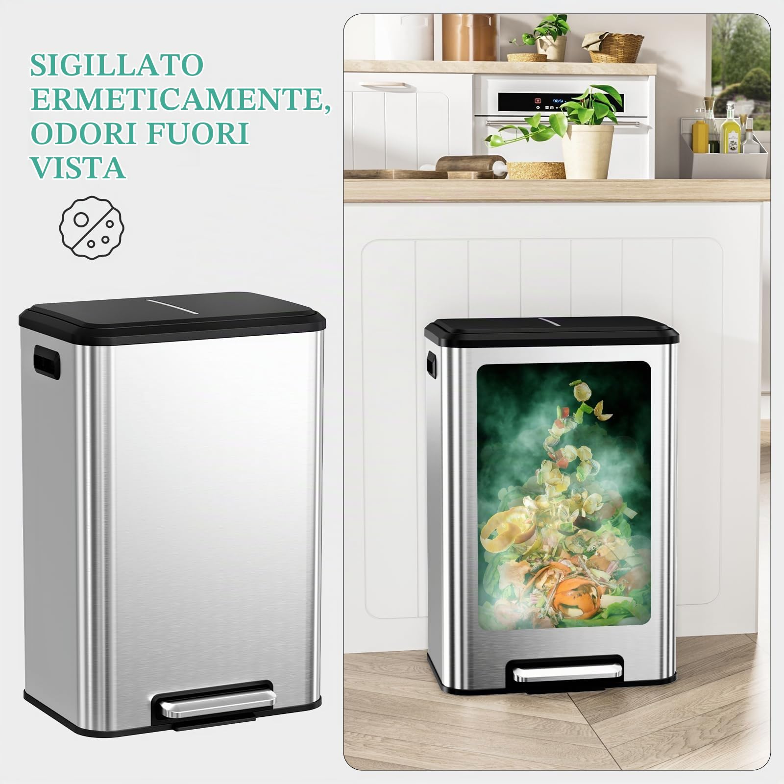 LIFERUN Pattumiera da Cucina 40 L, Acciaio Inox, Secchio in Plastica Rimovibile, Cestino a Pedale con Coperchio Maniglie Chiusura Morbida, Colore Argento