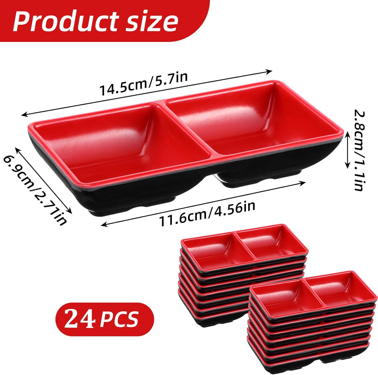24 Pcs Dual Compartment Sauce Bowls & Soy Dish Set with Dipping Dish Tray, Divided Dipping Sauce-Plates for Sushi, Appetizers (Black/Red, Melamine Resin)