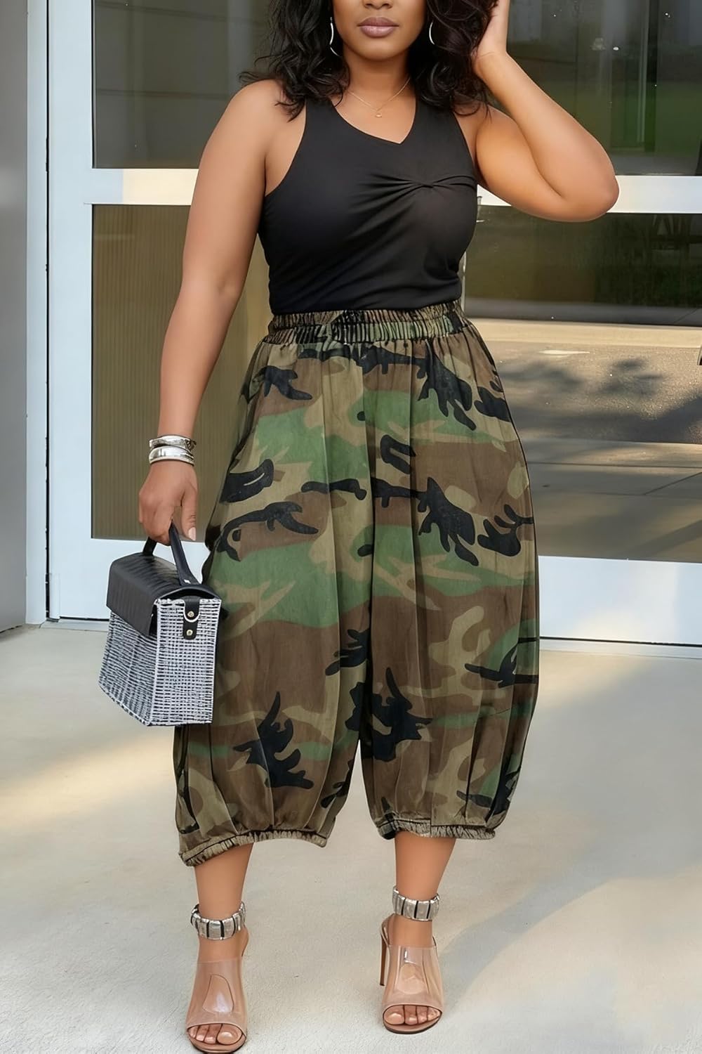 Vakkest Womens Baggy Camo Cargo Jeans Wide Leg Straight Army Fatigue Cropped Denim Pants Camouflage Boyfriend Trousers - Image 3