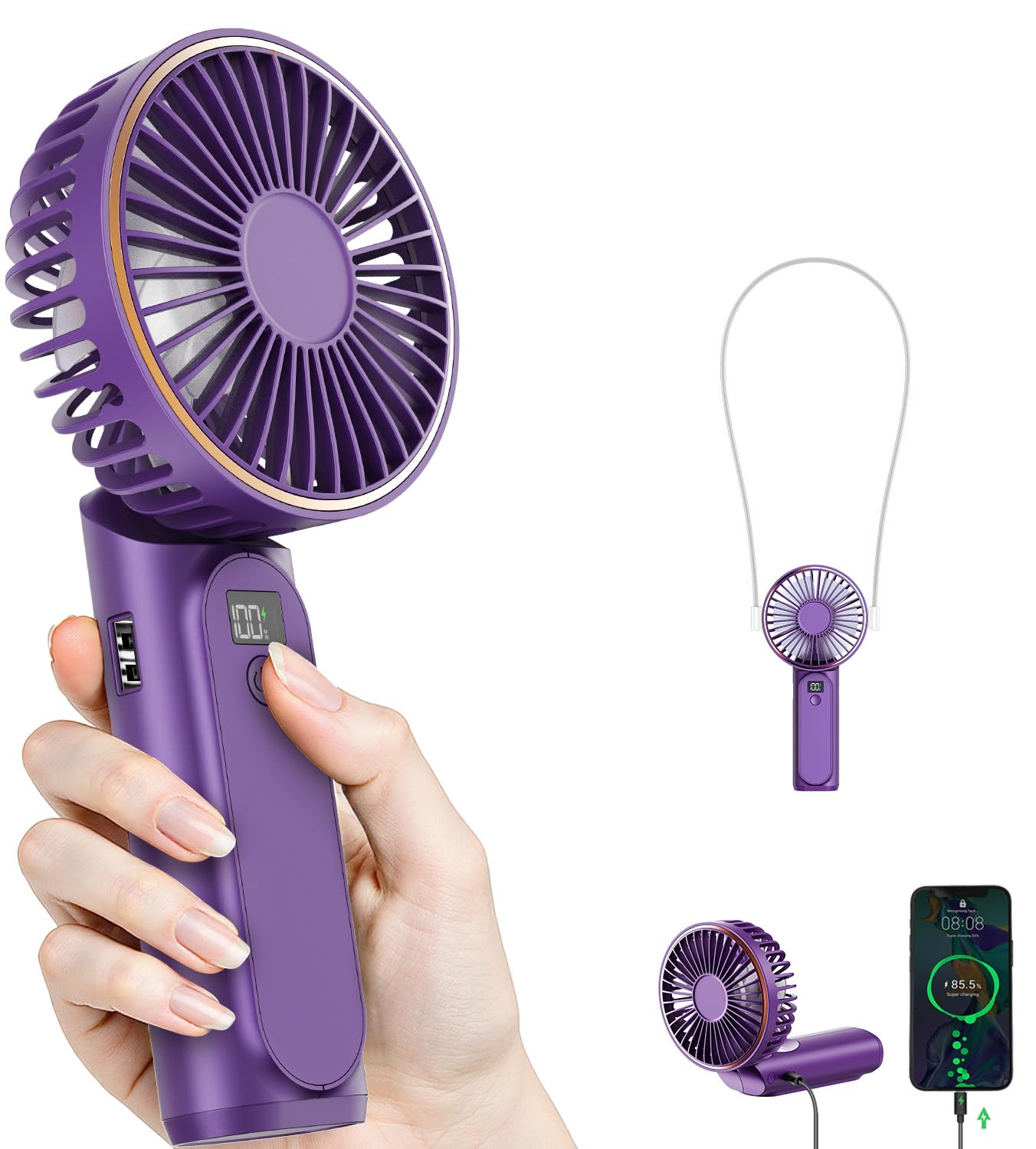 TUNISE Portable Handheld Fan, Portable Fan Rechargeable, 4000mAh, 180° Adjustable, 6 Speed Wind, Display Electricity in Real Time, USB Rechargeable Foldable Fan