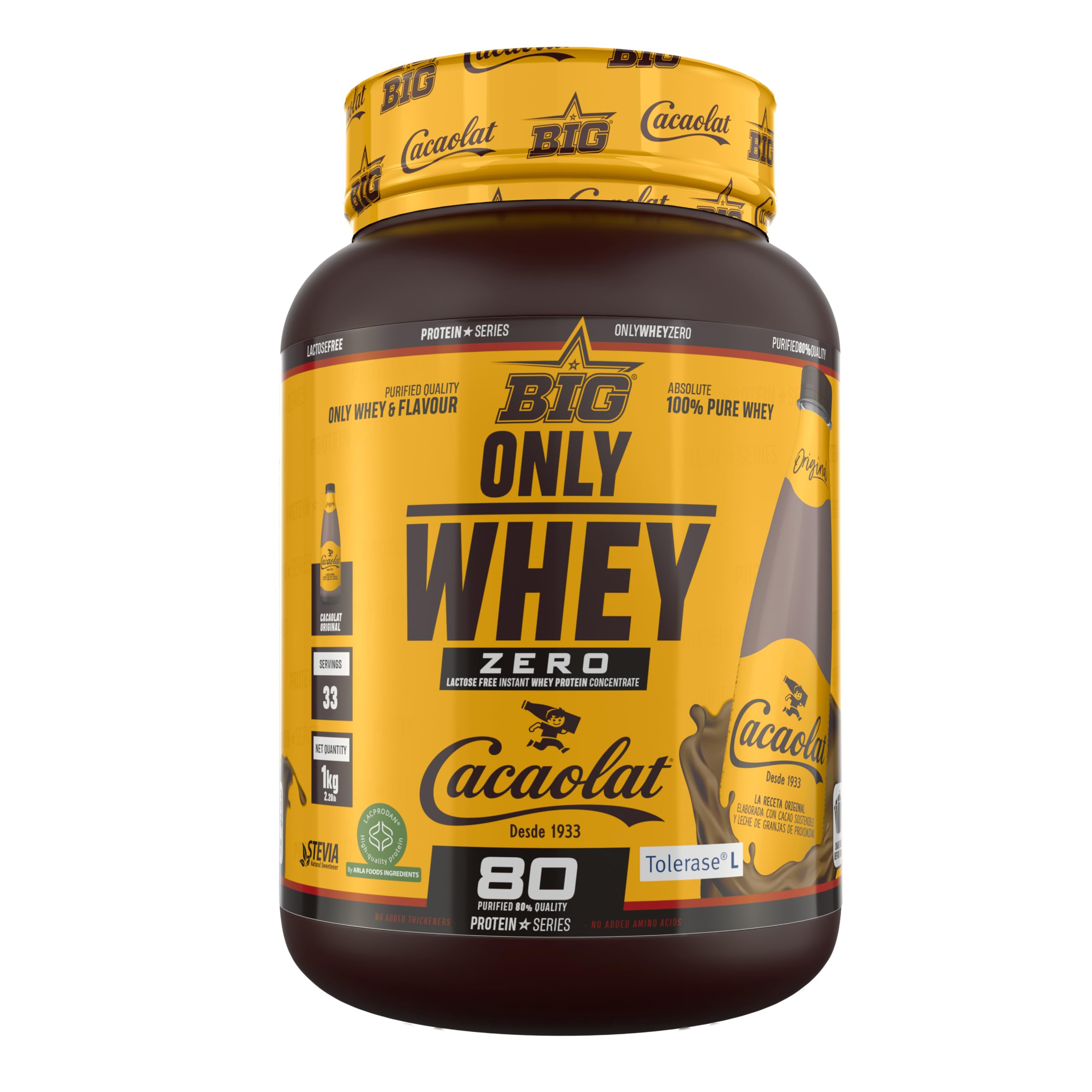 BIG - Proteinas Whey - Proteina en Polvo para Desarrollo de Masa Muscular y Recuperación - Materia Prima Premium - Whey Protein Sin Lactosa, Sin Azúcar, Sin Grumos (1Kg, Cacaolat)