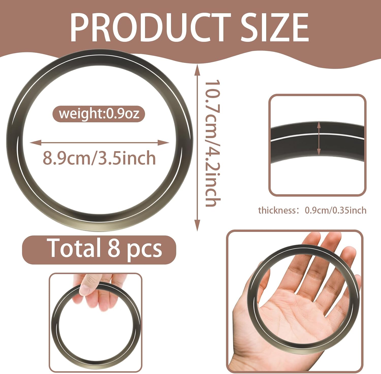 8 Pcs Purse Handles Round 4.5" Handle Replacement for Crochet Bags Decorative DIY Handmade Beach Straw Handbags for Women (Grey) - Image 2