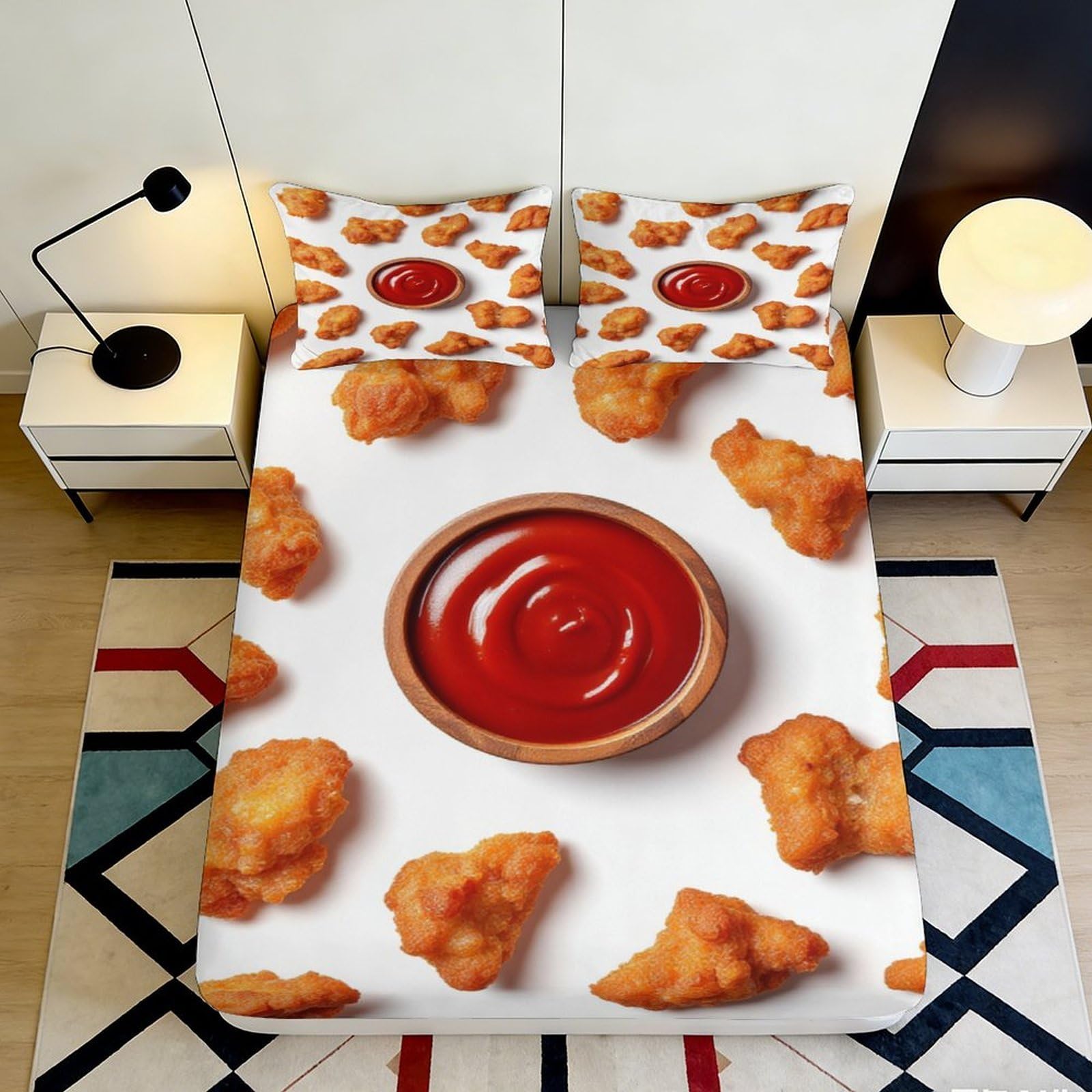 Pnayamiorkfel Style-8 3D Printed Chicken Nugget Fitted Sheet Microfiber Food Theme Ketchup Bed Cover For Bedroom Dorm Easy Care Decor 90X200x25cm