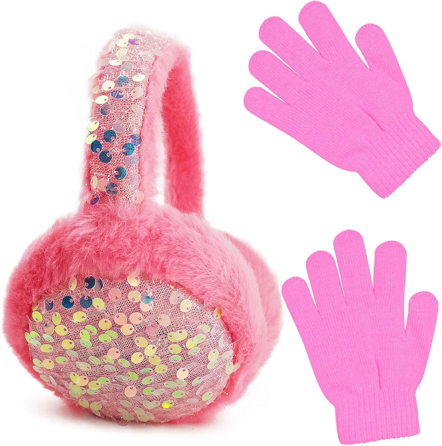 Ear Muffs Gloves Set for Kids, Winter Adjustable Sequins Warm Earmuffs for Kids Outdoor Cold Weather - Image 6