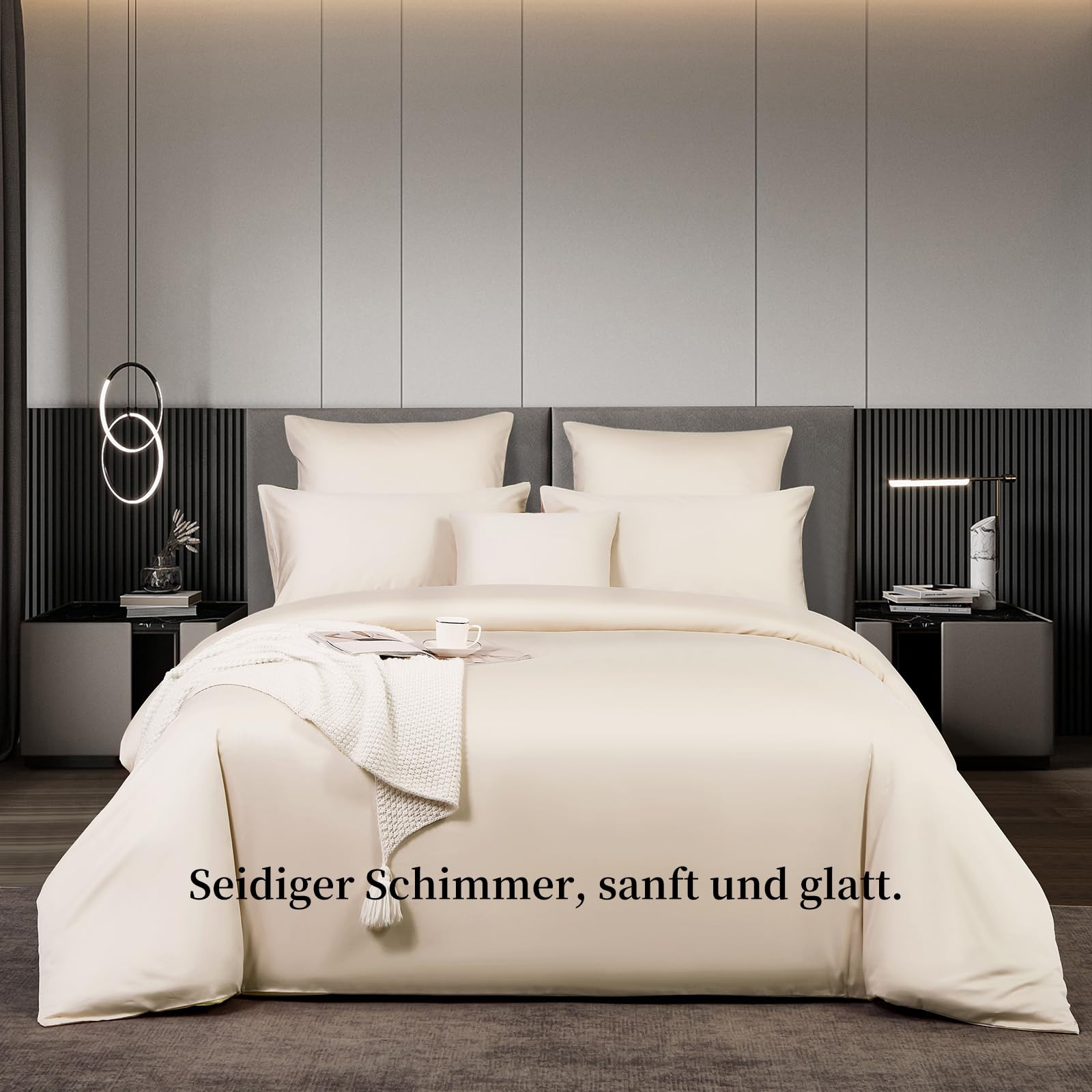 Boqingzhu Satin Bettwäsche 220x240 cm Beige Langstapelige Baumwolle | Kühlend Weich Glatt, ÖkoTex Zertifiziert, Für Allergiker Geeignet,Bettbezug Set mit Kissenbezüge 80x80cm