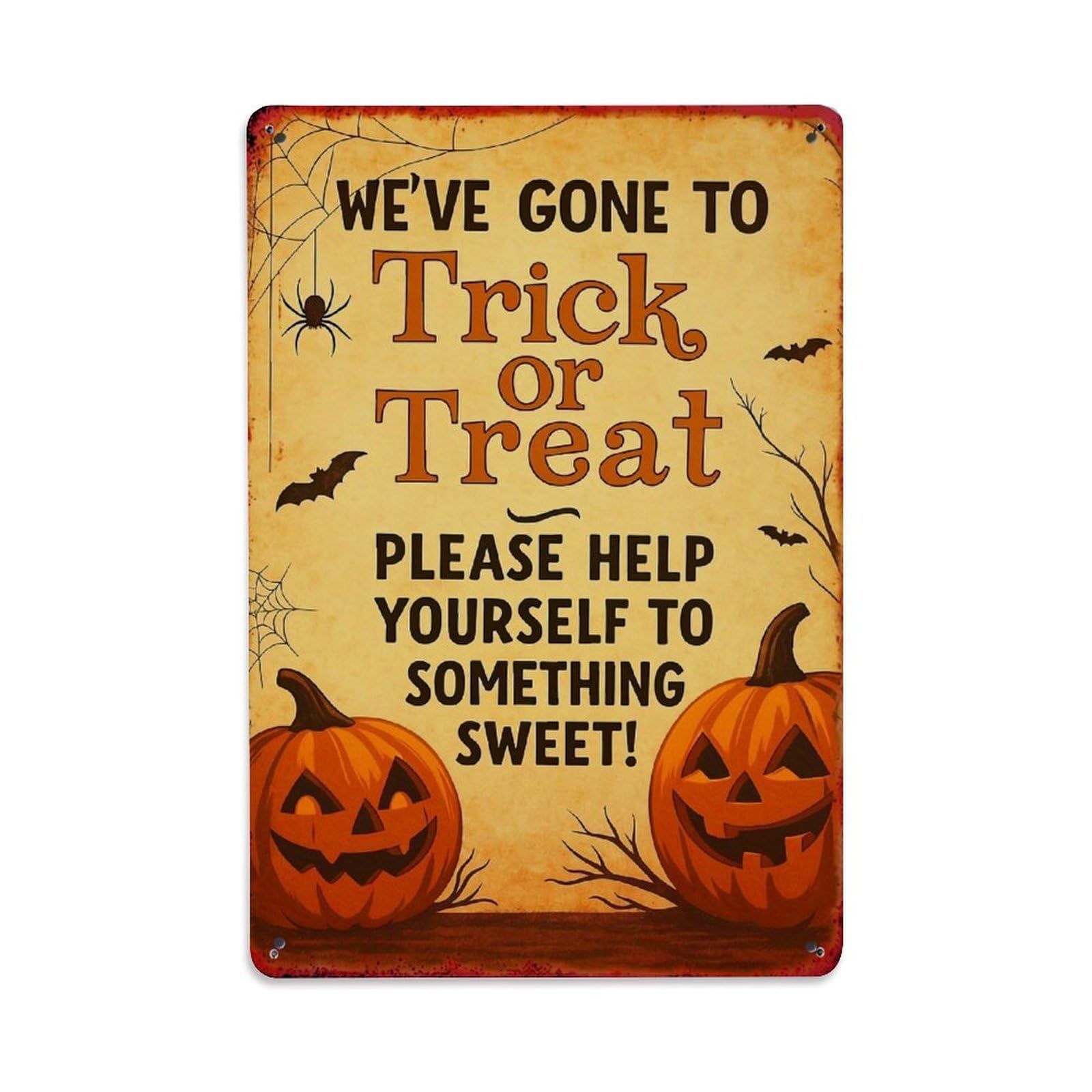 Jdfenggu Vintage Halloween Pumpkins Bats Spider Web Retro Metal Tin Sign, Decor Art Poster For Bar, Home, Man Cave, Kitchen, Laundry Room Gift 8X12inch