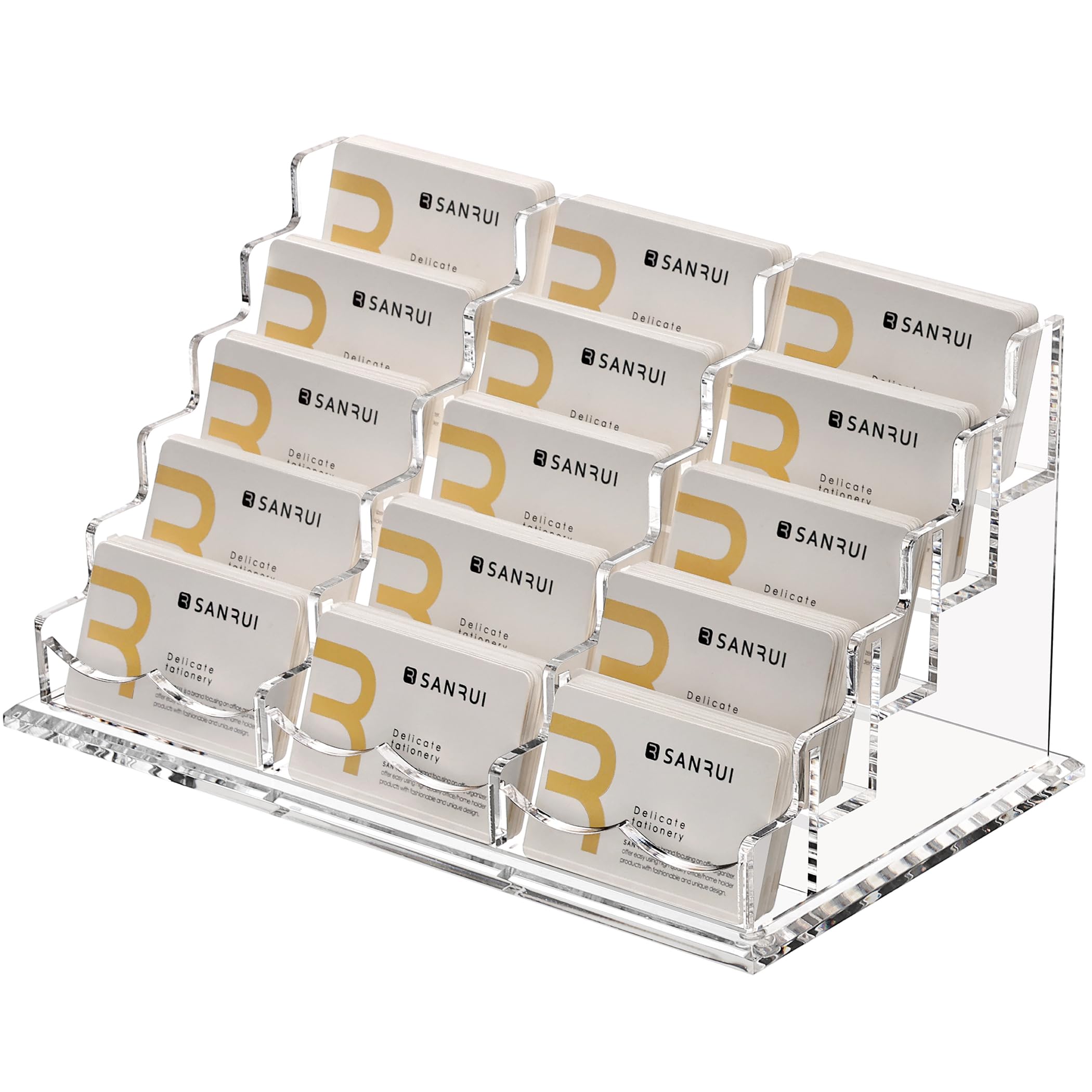 SANRUI Clear Horizontal Business Card Holder Stand for Desk, Acrylic Desktop Display Name Cards Holders Organizer Storage Rack,for Exhibition, Home , Office ,5 Tier 15 Pocket , 900 Card Capacity