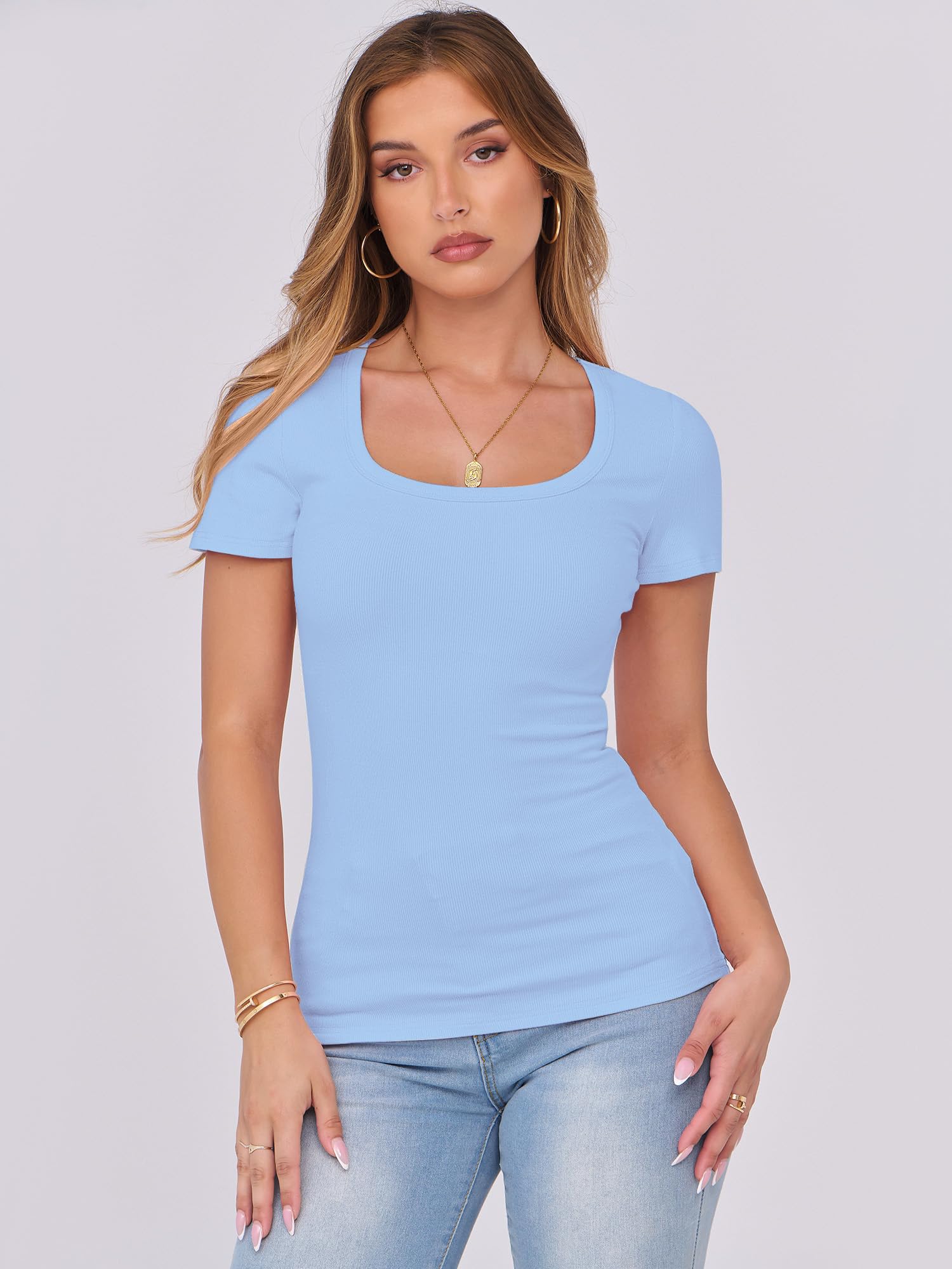 DUOEASE Damska koszulka z długim rękawem, krój basic, slim fit, jednokolorowa, dekolt w kształcie litery U, rozciągliwa, elegancka koszulka na co dzień
