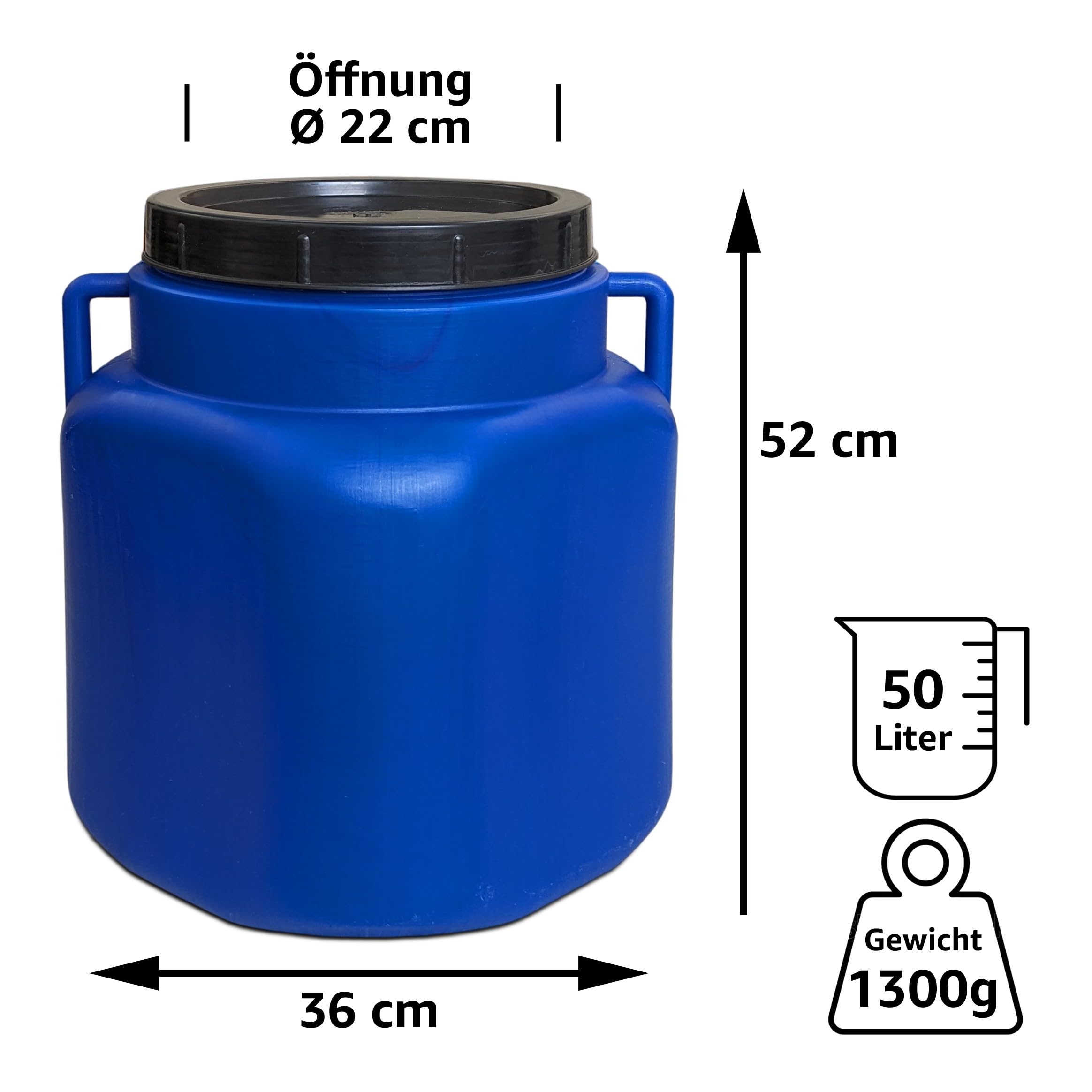 Plasteo® 50 L Baril à large ouverture avec couvercle et poignées, angulaire, bleu, adapté pour les aliments et sans BPA, contenant pour nourriture, baril en plastique, baril universel, baril avec