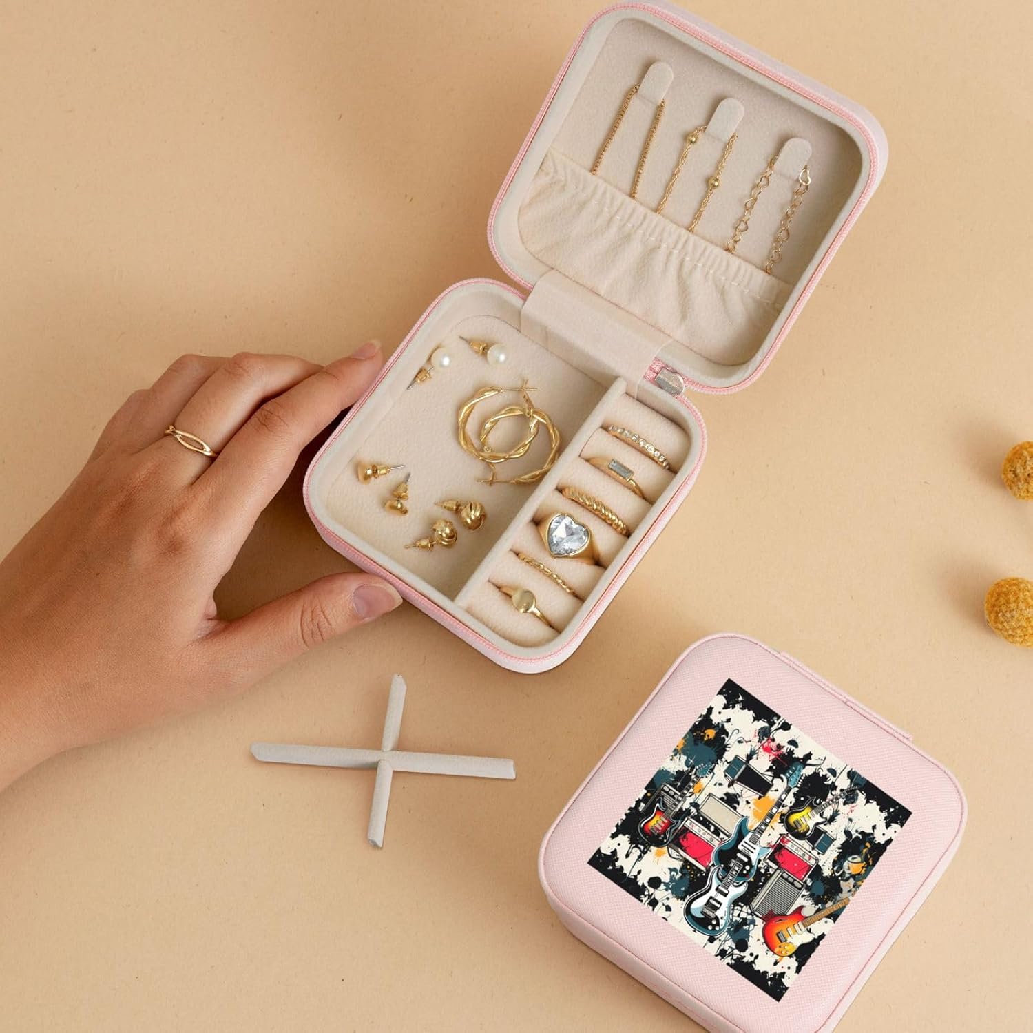 Jewelry Box for Women Leather Travel Jewelry Case Rock Music Pattern Portable Jewelry Organizer Box Mini Jewelry Travel Case with Zipper for Earrings Bracelets Rings Necklace image 5