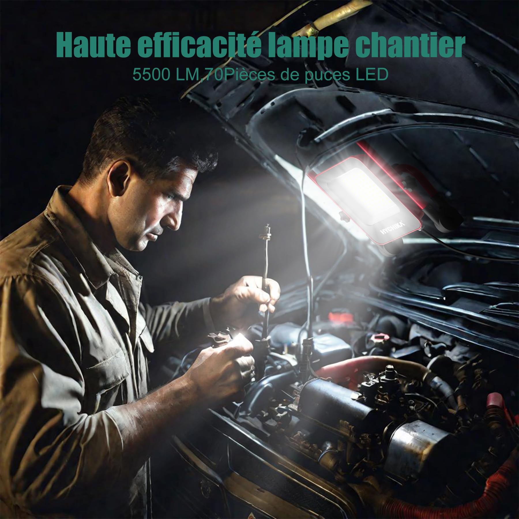 HYCHIKA Projecteur Chantier LED 50 W 5500 lm, 6500 K Lampe de Travail IP65 | Câble de 3 m avec fiche pour une flexibilité maximale. Éclairage LED portable pour ateliers, chantiers et garages