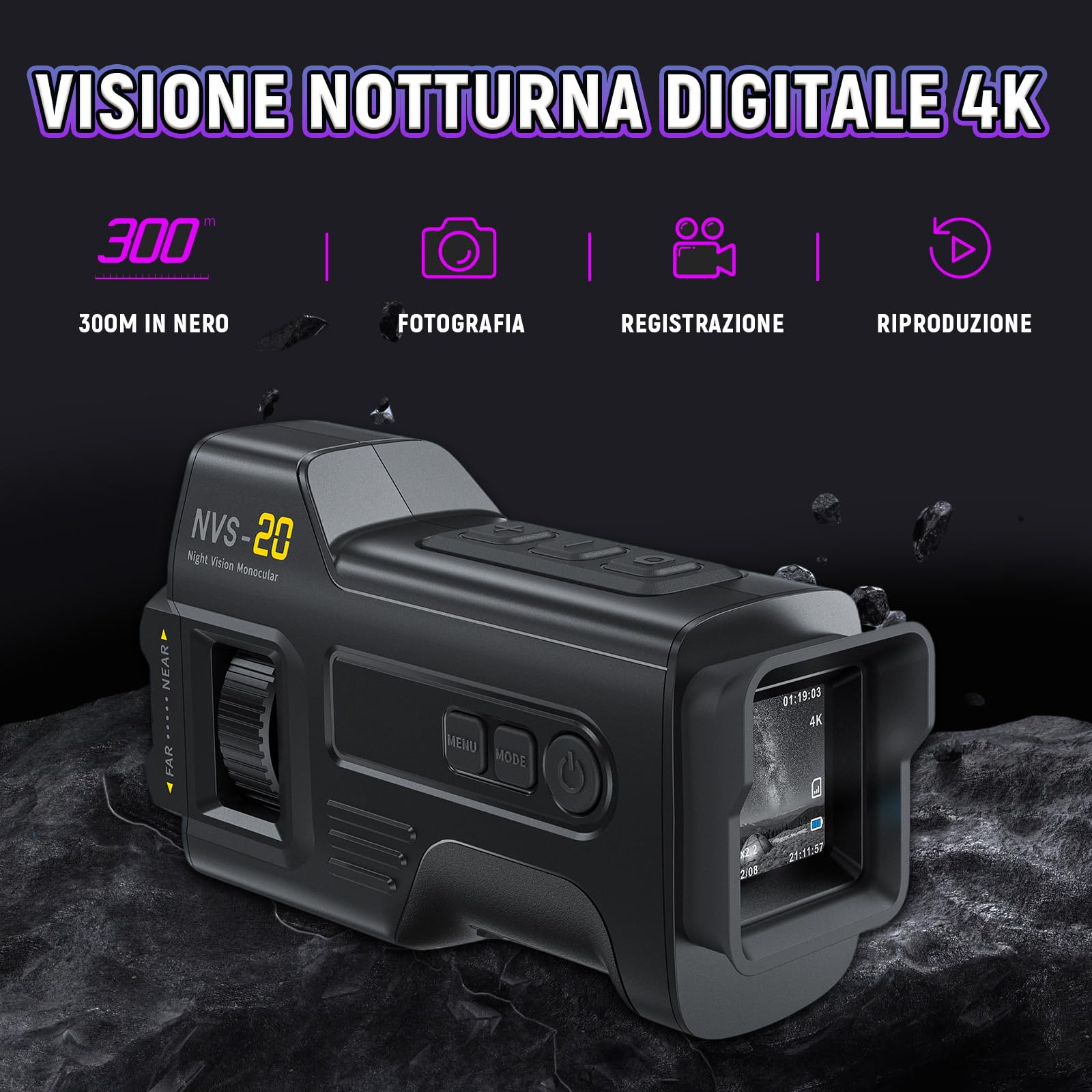 NVS-20 4K 36MP Monocolo Visione Notturna per Adulti, Zoom Digitale 6X Monocolo Professionale con 7 Livelli IR 850nm, Batteria 18650 Rimovibile, Scheda TF da 32GB, Caccia, Birdwatching, Campeggio