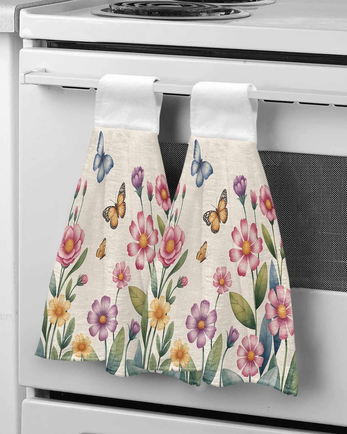 Pink Flowers Kitchen Hand Towels with Hanging Loops Set of 2 Spring Floral Butterfly Leaves Plants Retro Beige Soft Thick Oven Fingertip Dry Microfiber Tie Dish Towel Absorbent Cleaning Washcloth