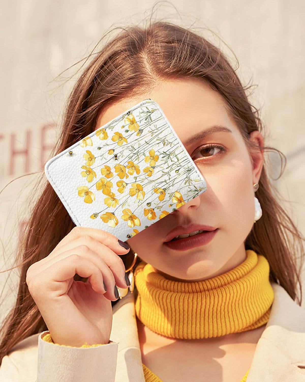 Bistup Credit Card Holder Wallet for Women - Cute Leather Ladies Teen Girls Female Cardholder Wallets Accordion Purse Small Medium Aesthetic Yellow Flower Unique Modern Rfid Zipper Around - Image 6