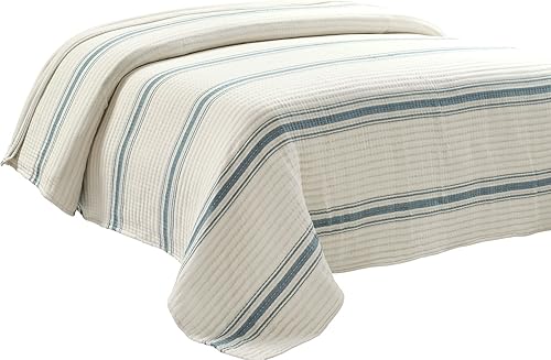 Miniatura 6 de Lush Decor Edredón tejido de algodón Kantha, estilo rústico, a rayas, hilo de puntada continua, teñido, tamaño matrimonialqueen, color azul