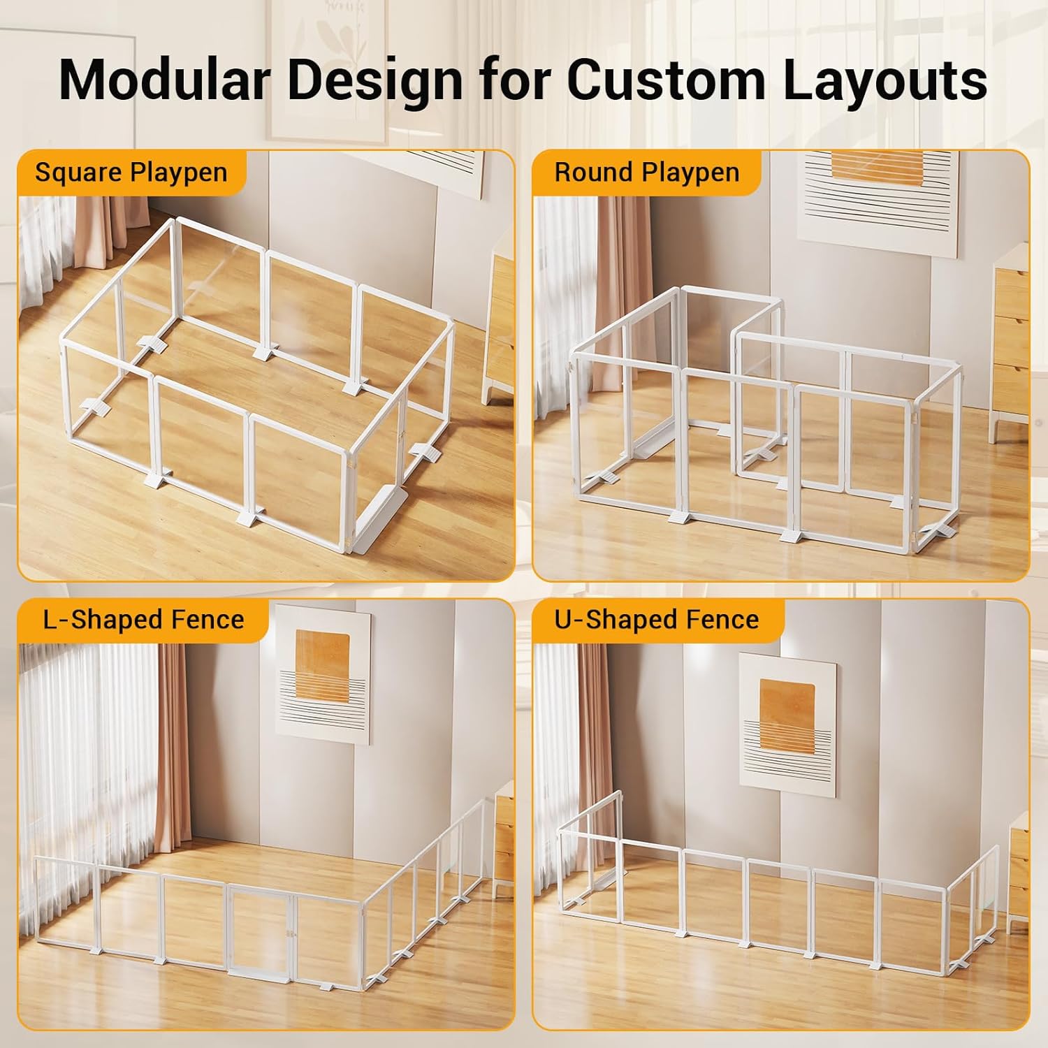 Clear Acrylic Pet Playpen, 25.6" H Transparent Dog Fence with Support Feet, Sturdy & Stylish Indoor Enclosure for Puppy, Cat, Rabbit, Easy to Assemble & Clean