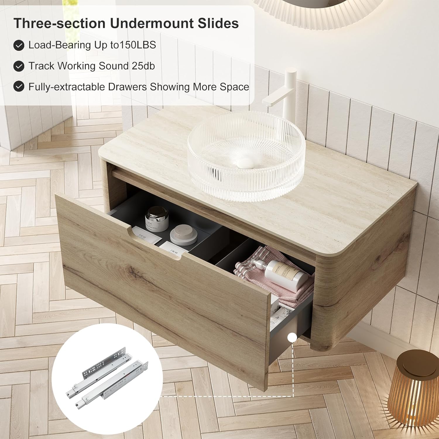 Ambrovina 30" Floating Bathroom Vanity with Sink, Modern Plywood Storage Cabinet with Soft Closing Drawer, Transparent Round Glass Basin, Stone Pattern Sintered Stone Top, Pre-Assembled, White Oak
