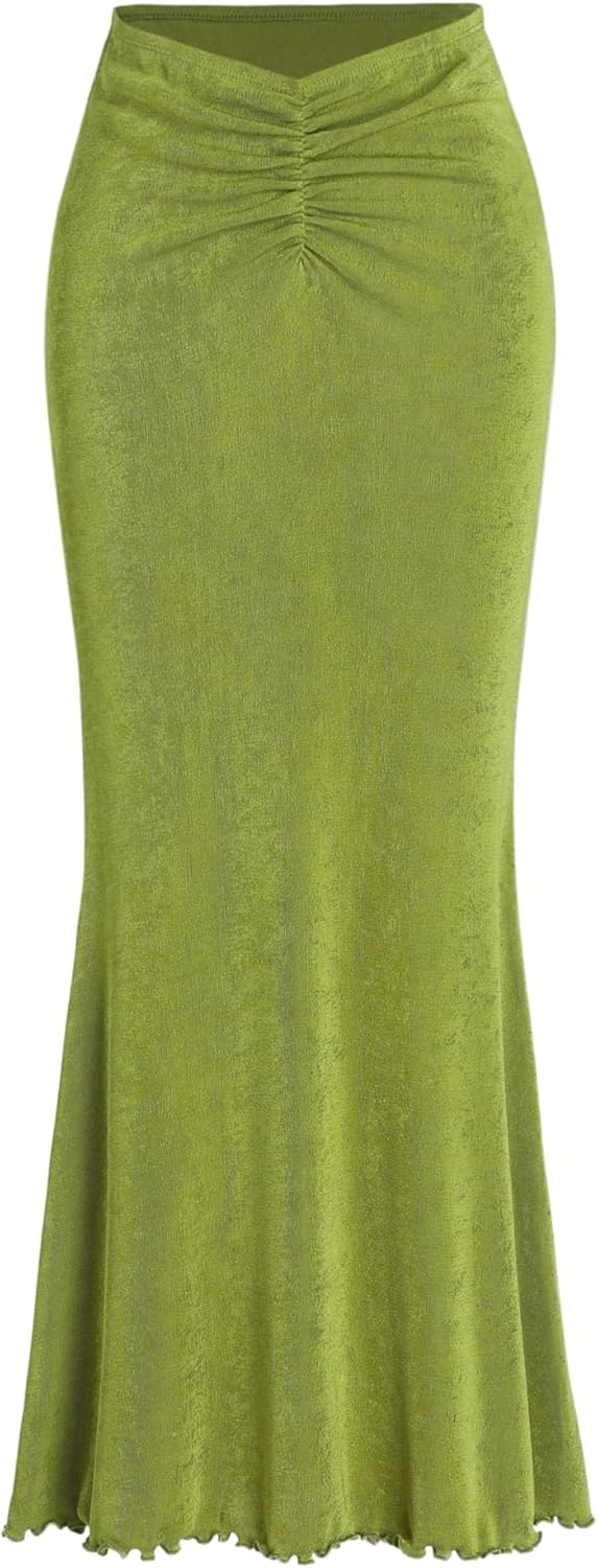 CIDER High Waist Skirts for Women Mermaid Skirt Fishtail Ruched Bodycon Long Maxi Skirt Lettuce Trim Stretchy