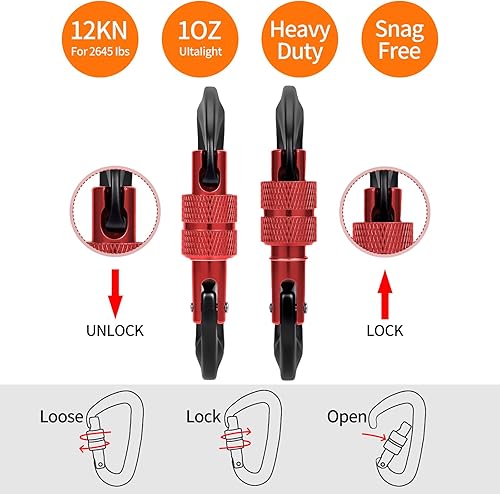 Miniatura 38 de Clips de mosquetón resistentes de 12 kN (2697 libras) - Mosquetones de bloqueo ligeros para camping, senderismo, hamaca, arnés de correa de perro