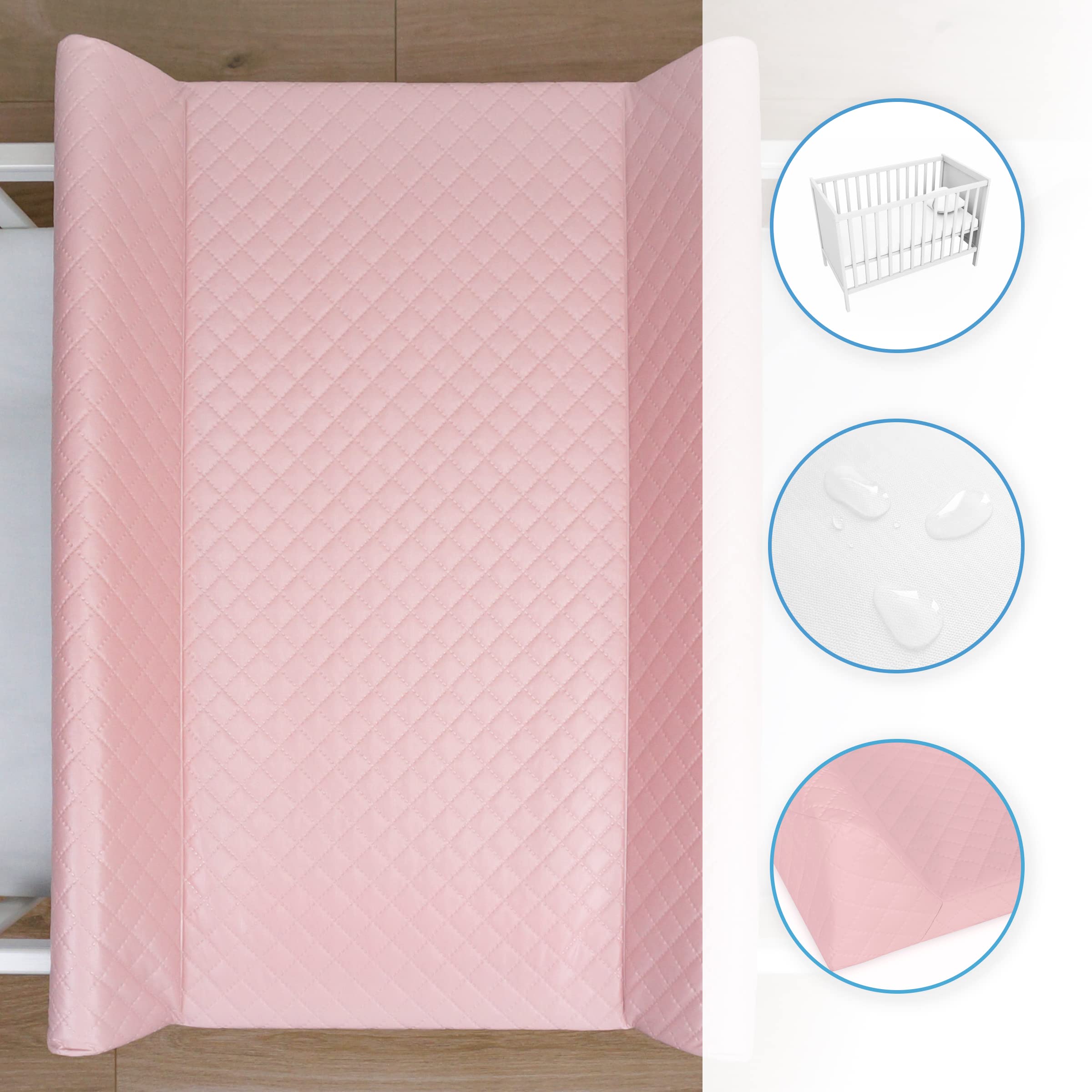 Baby Hard Base Changing Mat/Top Changer 70x50 cm fits 120x60 cm Cot Unisex Wedge Anti Roll Nappy Newborn Baby Waterproof Changing Mat with Raised Edges (Caro Pink) - 4