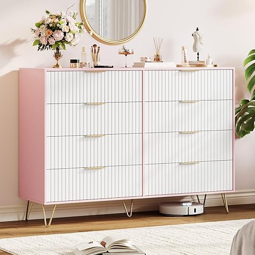 Garvee Fluted Dresser for Bedroom with 8 Drawers,55" Wide Modern Chest of Wooden Bedroom Chest with Metal Handle,Clothes Storage Organizer,Closet Dresser & TV Stand for Living Room,Hallway