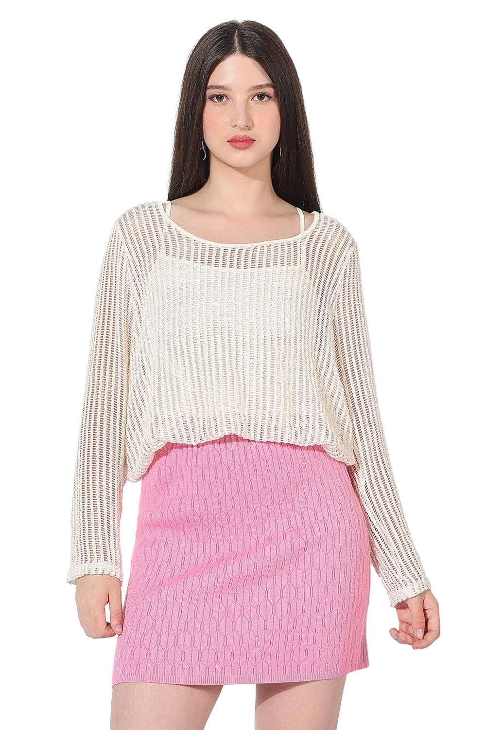 Women's Cream Fitted Crochet Top with Inner Slip-CHN-012_Cream