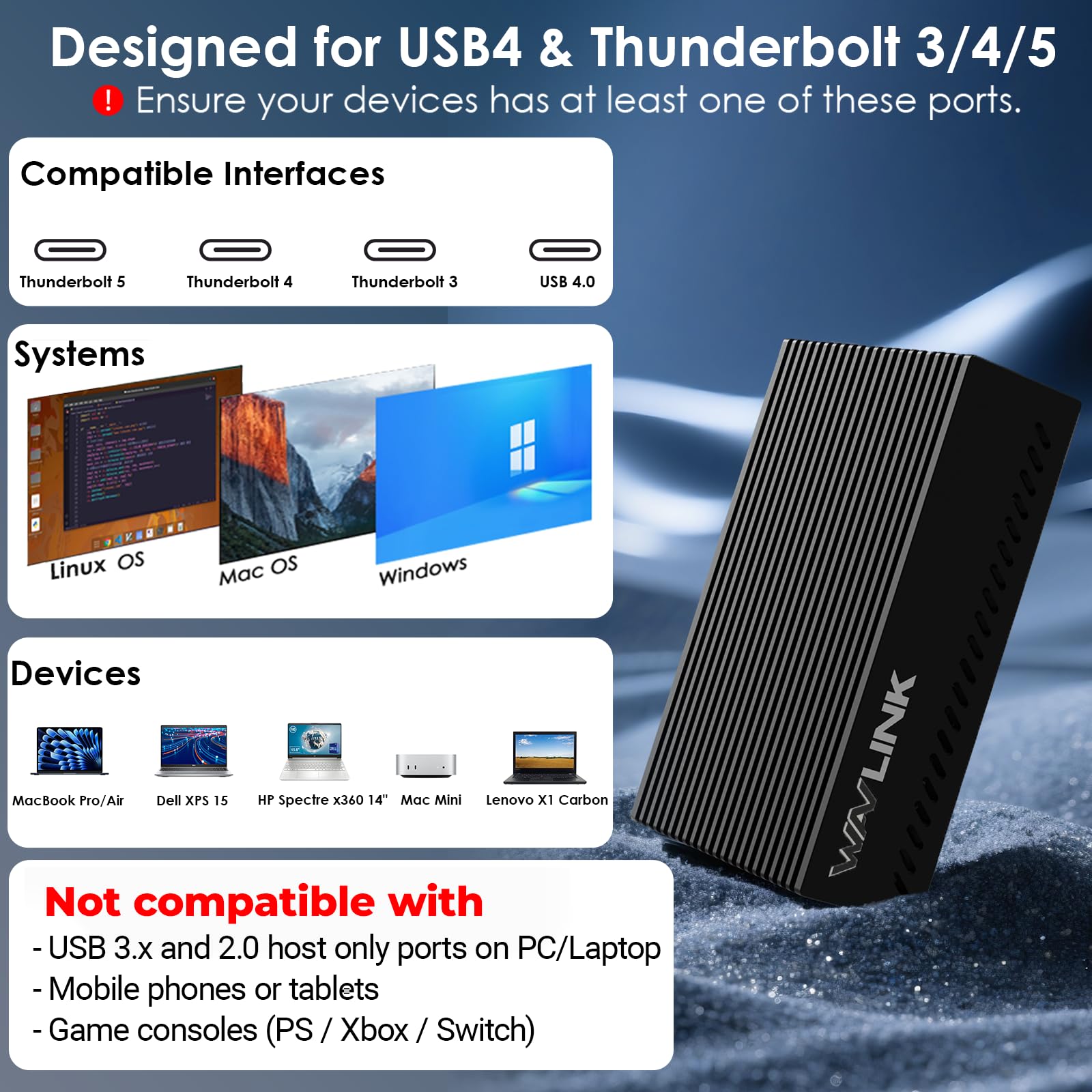 WAVLINK Adaptateur USB 4 vers Ethernet 10 Gbit/s, adaptateur réseau USB-C vers Ethernet 10G avec puce AQC113, prend en charge Thunderbolt 3/4/5 et USB4, pour Mac, Windows et Linux (pilote requis sous