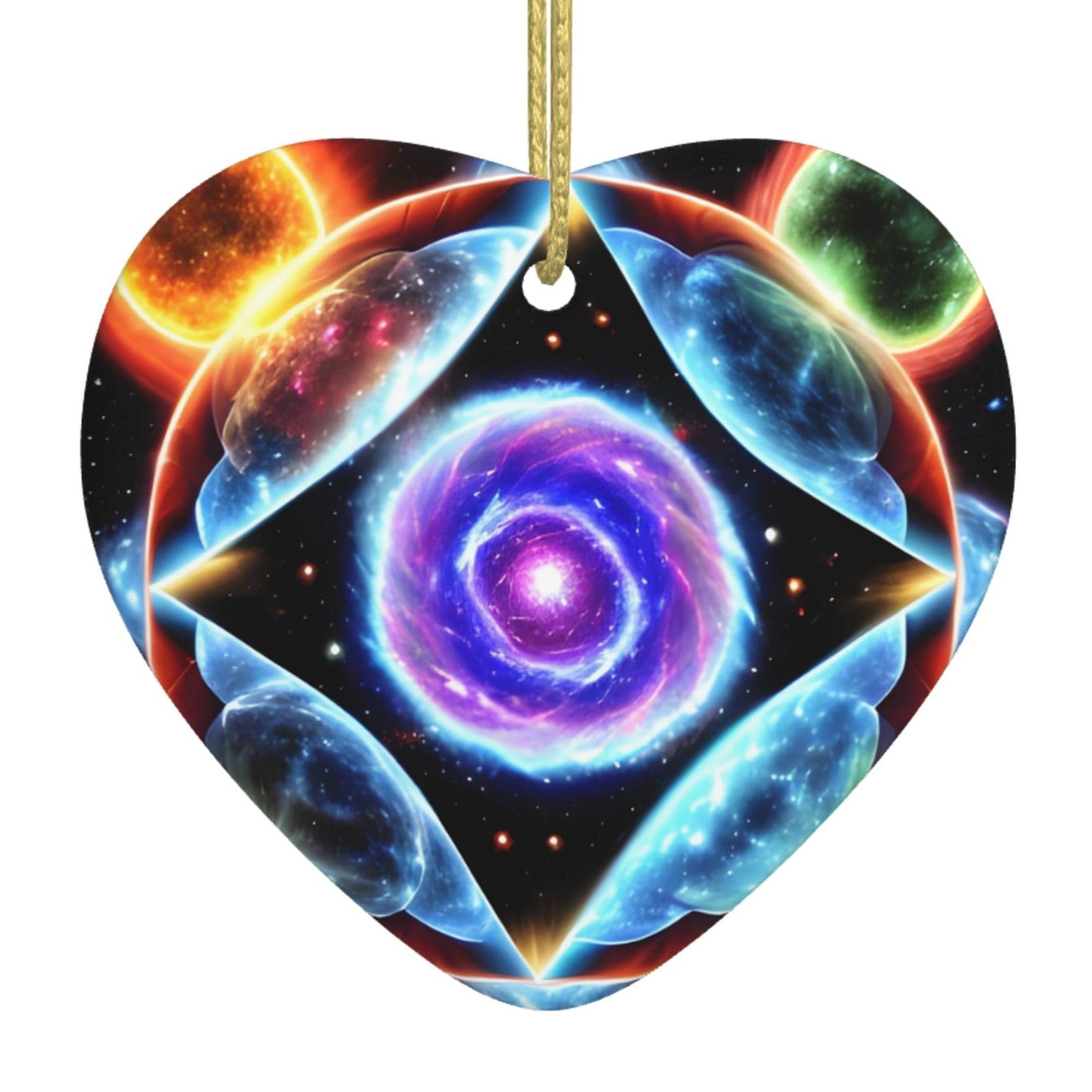 Cosmic Stars Ceramic Christmas Heart Pendant with Silk Thread, Christmas Tree Home Decoration
