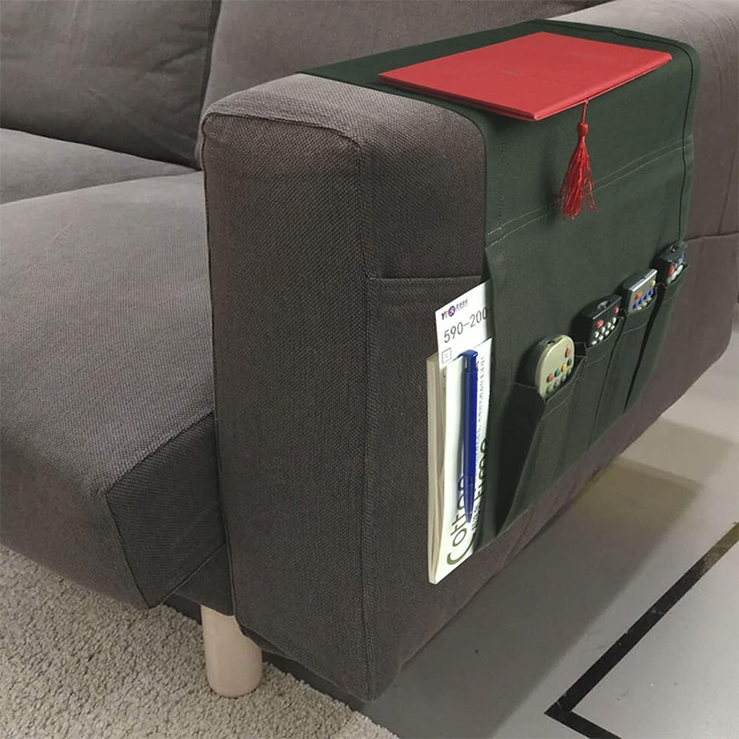 Dimeiyan Dark Green Sofa Armrest Organizer,Hanging Couch Caddy,Arm Rest Organiser Hanging Sofa Caddy Storage Bag Tv Remote Control Holder Chair Tidy Couch Arm Rest Storage Bag(Dark Green)